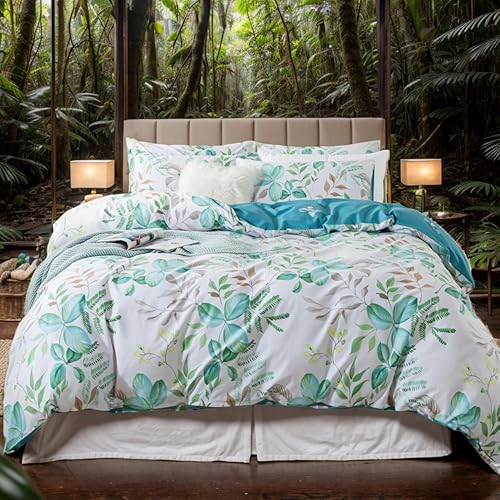 Miniatura 28 de FADFAY Juego de funda de edredón floral 100% algodón a rayas verdes y beige, ropa de cama de flores desgastadas con diseño de ramas botánicas