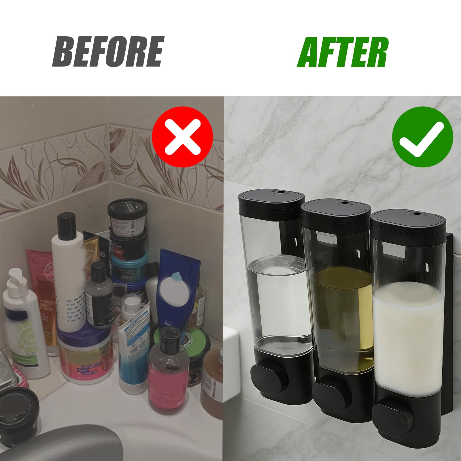 Hoypeyfiy Set dispenser per sapone a parete a 3 camere, dispenser per shampoo e gel doccia, installazione senza fori per l'organizzazione del bagno e della cucina (nero)