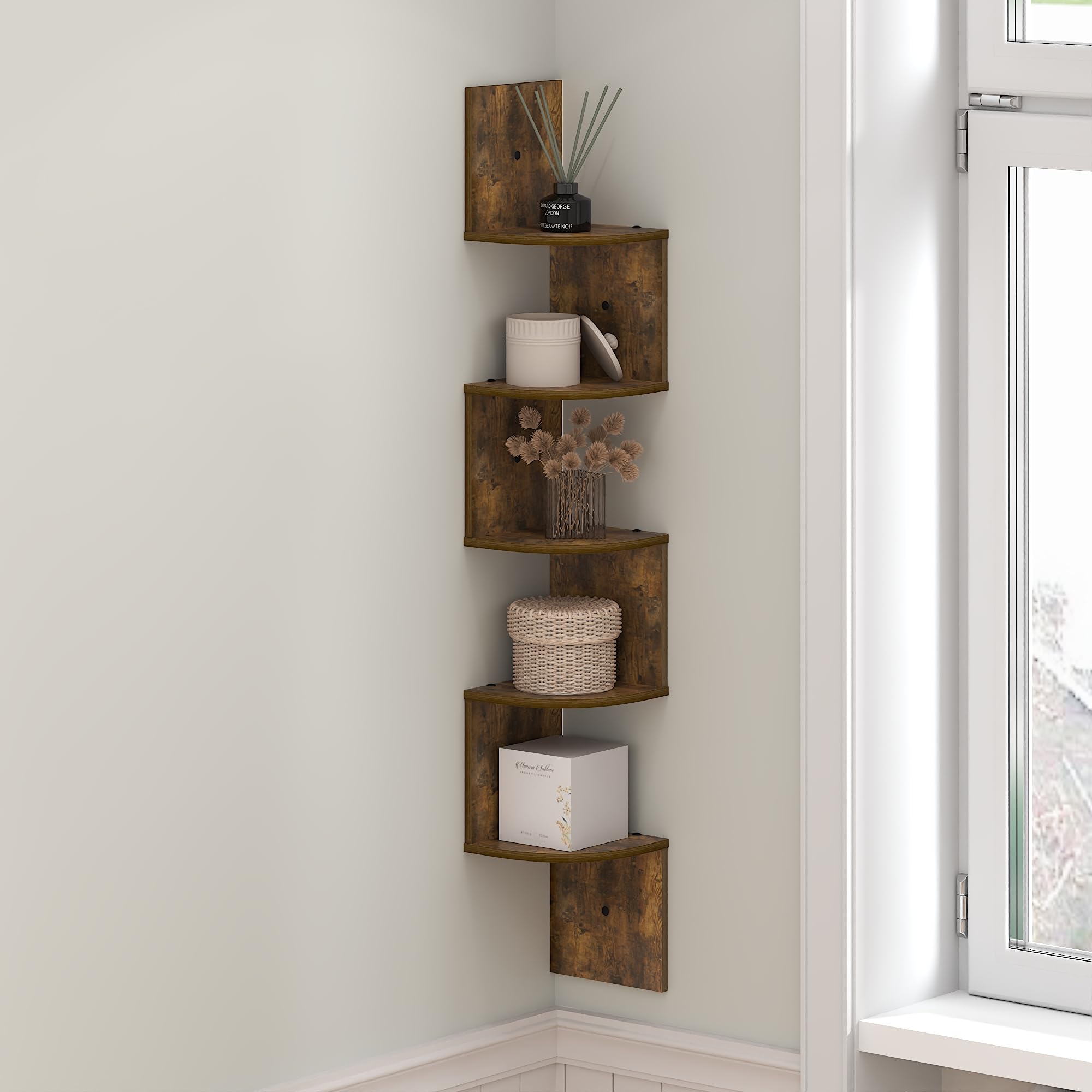 Furinno Rossi Floating Book Shelves for Wall, 5-Tier Zigzag Corner Shelf Wall Mounted, Radial Corner Floating Shelf, for Living Room, Bedroom, Bathroom, Home Office, Amber Pine