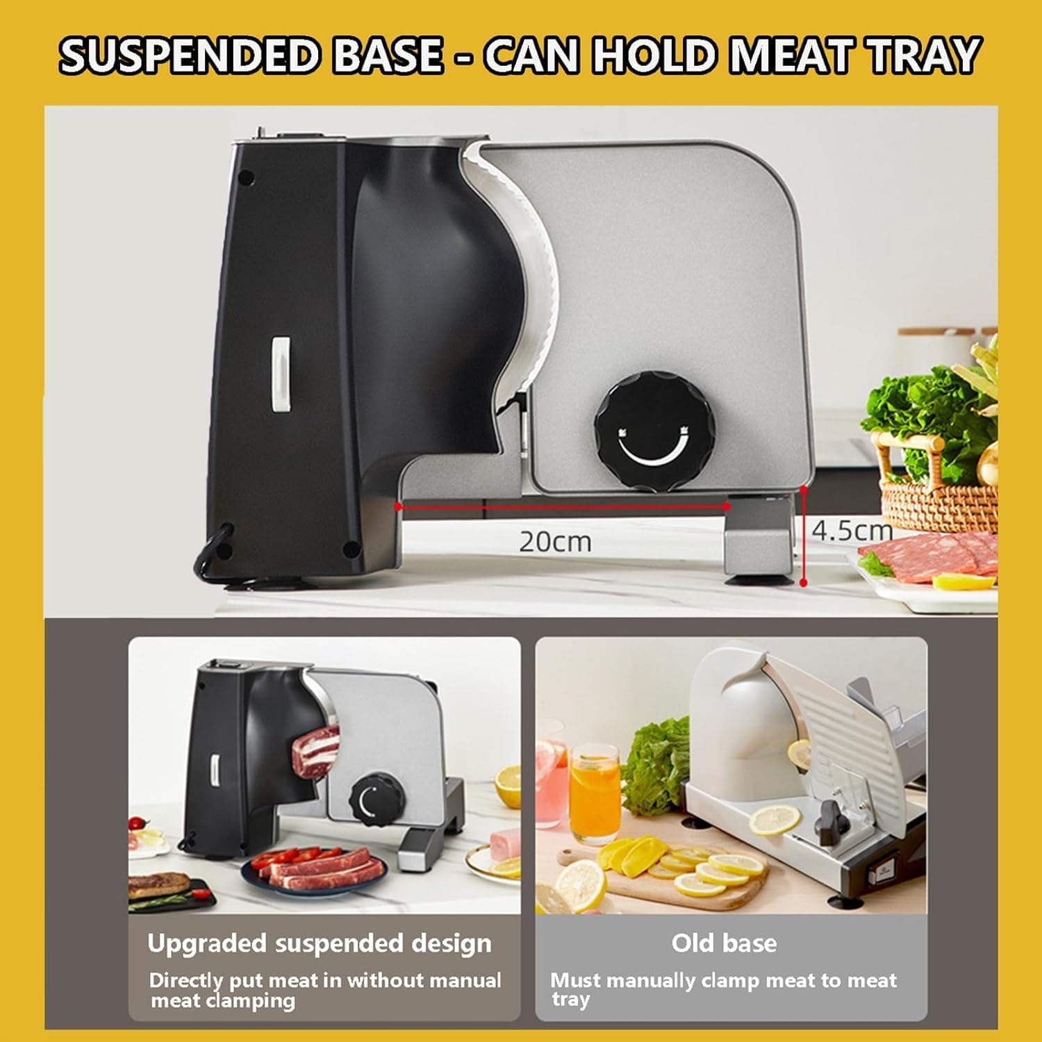Comparison of the upgraded suspended base design versus an old base, showing how the new design holds a meat tray.