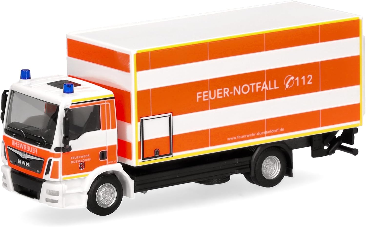 Herpa model samochodu MAN TGM skrzyniowy z windą załadowczą „Pompiers de Düsseldorf”, skala 1/87, model niemiecki, egzemplarz kolekcjonerski, figurka plastikowa