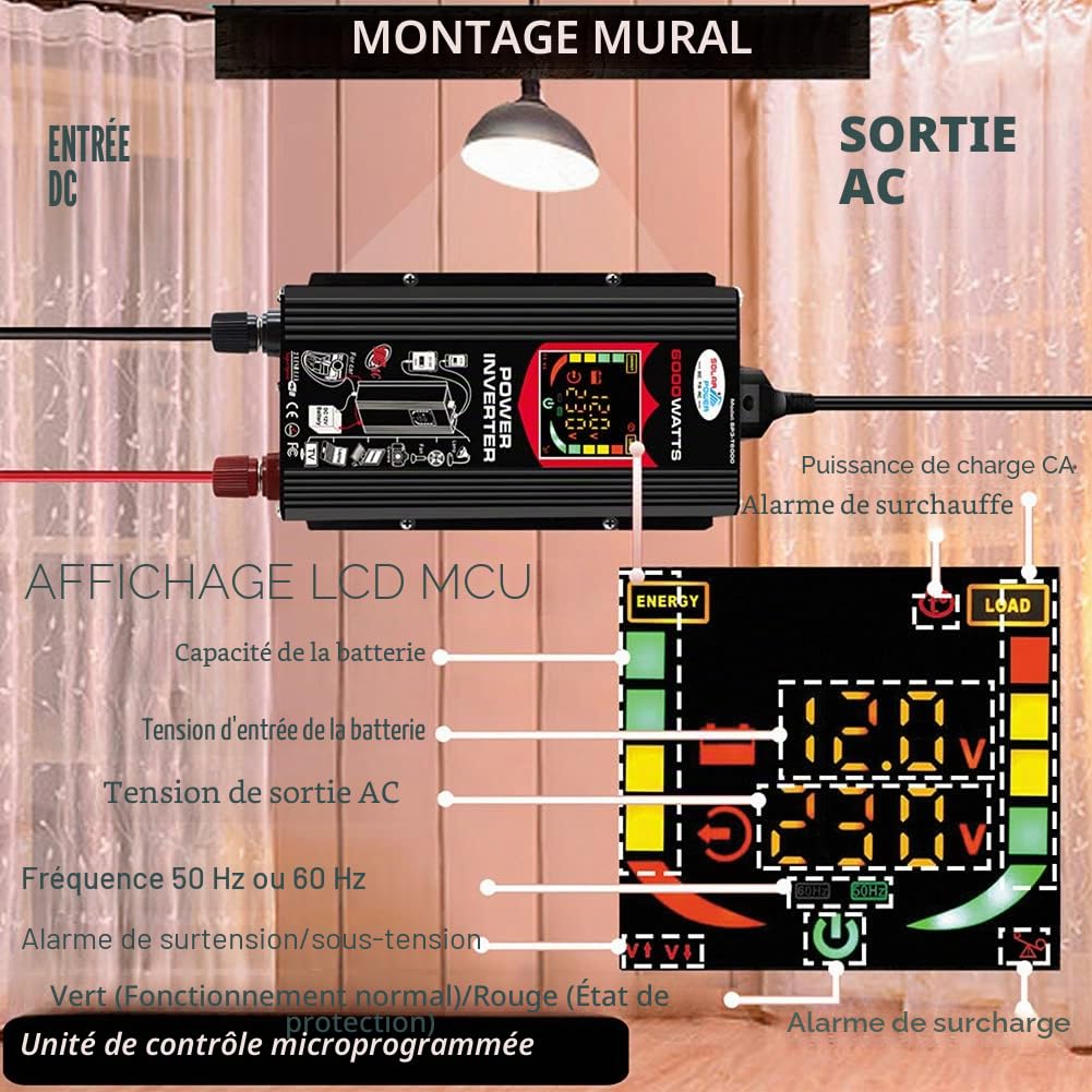 Onduleur 12 V 220 V 6000W Convertisseur de Transformateur avec 2 Ports USB 2,1 A pour Voiture Camion