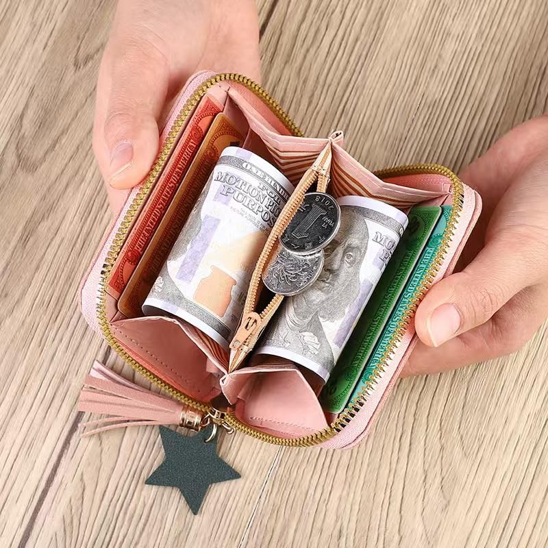 1Pc Blue Pink Cute Wallet with Zipper PU Leather Wallet Credit Card Holder Small Travel Wallet with Heart Embroidery Star Tassels Pendant for Womens4