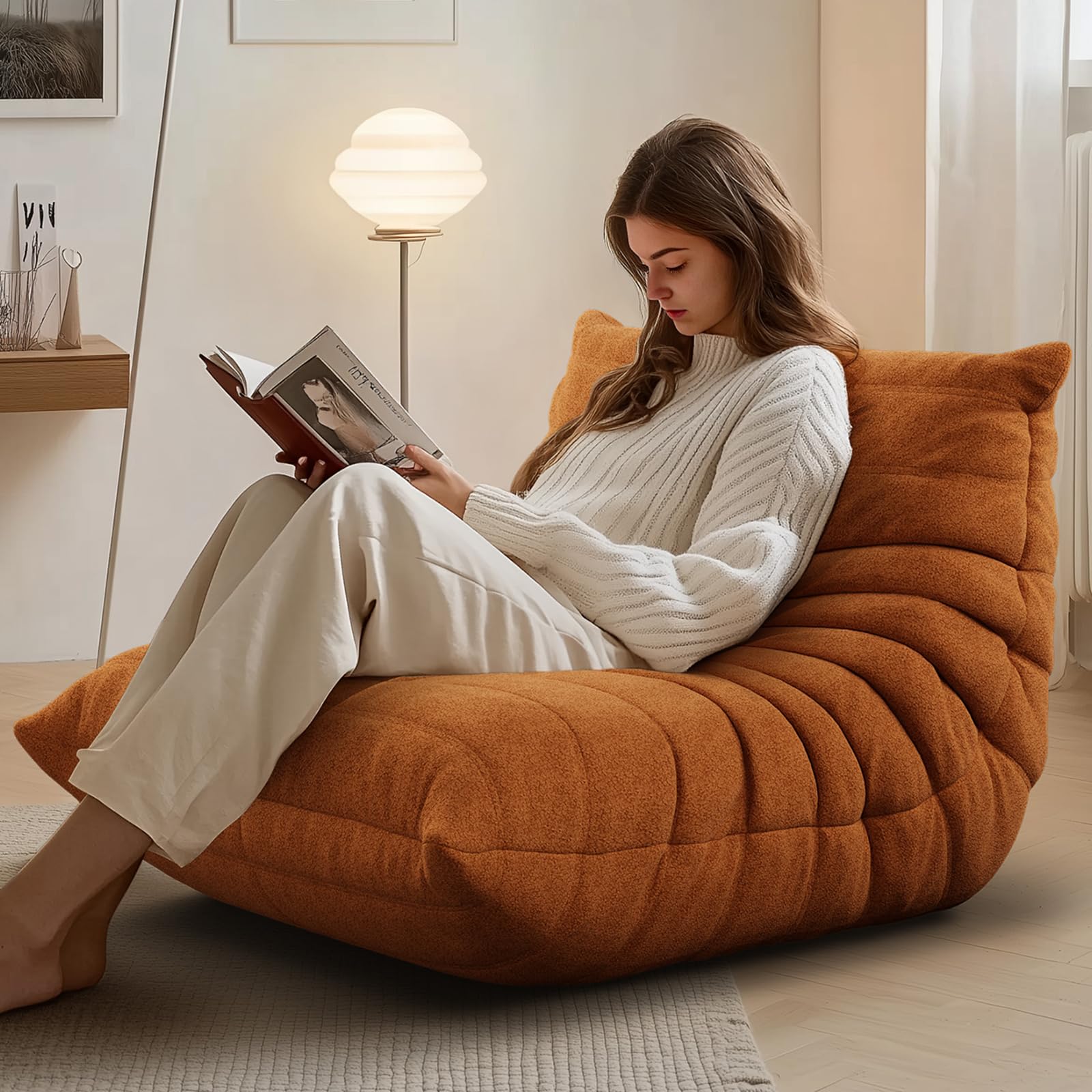 cebihy Fireside Togo Sofa Bean Bags Chair for Adults Giant BeanBag Chairs Floor Couch for Living Room Bedroom Dorm Office, Compression Togo Couch, No Assembly Required, Orange