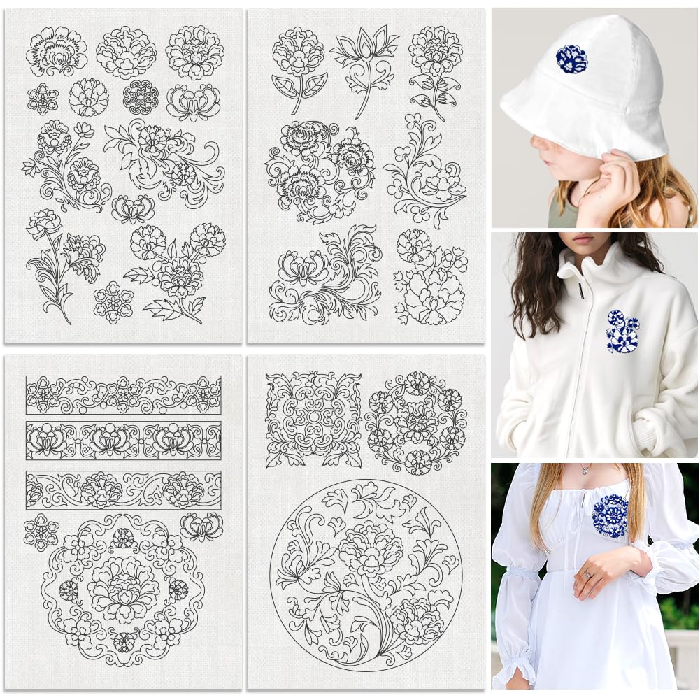 DOODLREAM 25Pcs Traditional Chinese Floral Water Soluble Hand Sewing Stabilizers, 29.7 x 21 cm Peony Flower Embroidery Pattern Stabilizer, 4 Sheets Flower Stick and Stitch Embroidery Paper Sticker