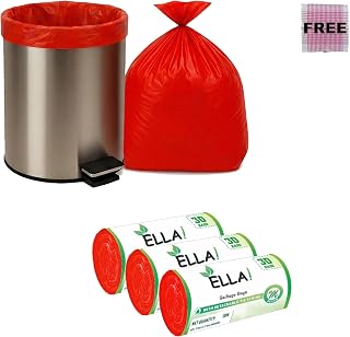 ELLA Garbage Bags 19 x 21 Inches Medium Size 90 Bags 3 Rolls Red Color Leak Proof Dustbin Covers for Home Kitchen Bathroom Office and Daily Waste Disposal Use With Check Duster Cloth Free