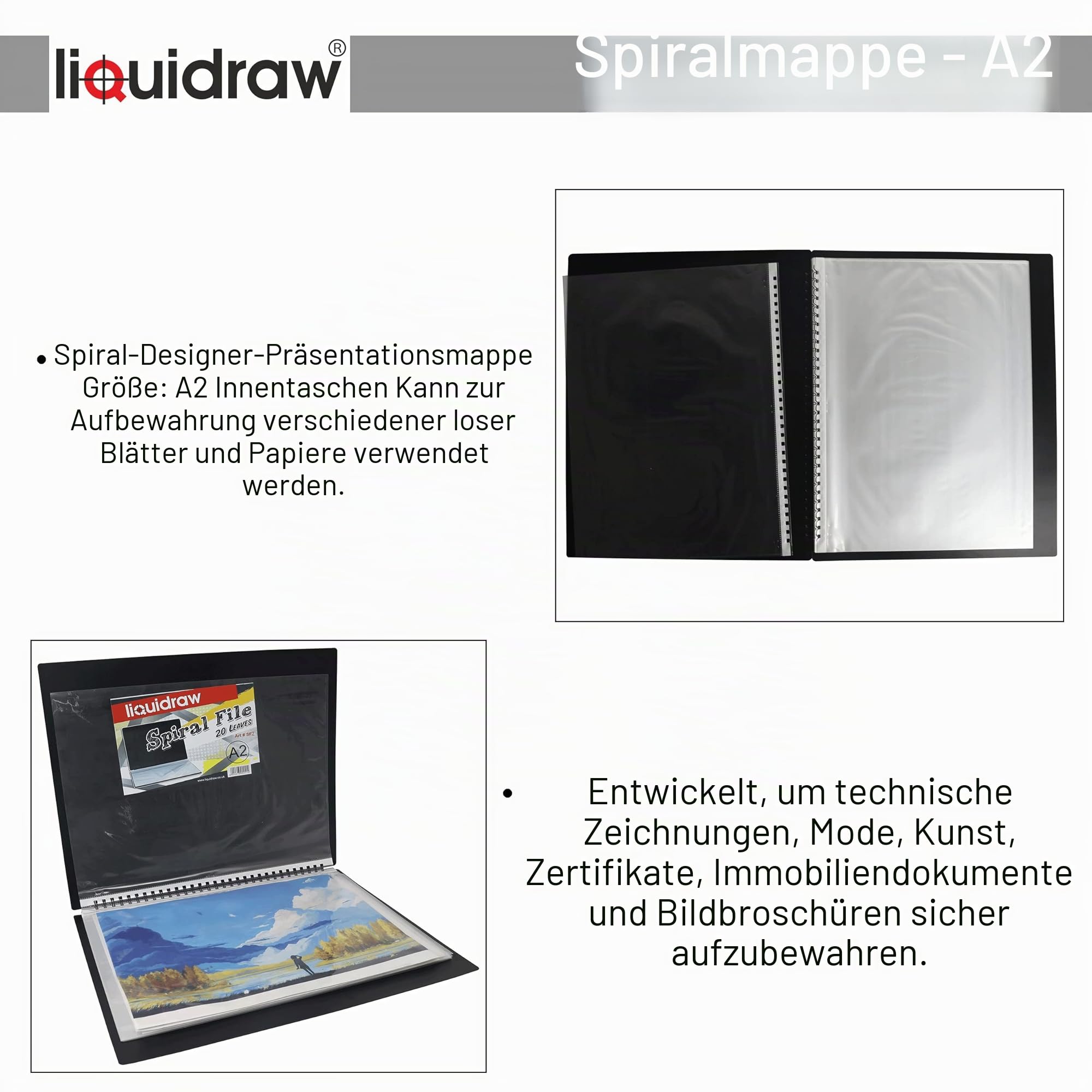 Liquidraw A2 Kunst-Portfolio-Hülle für Künstler mit 20 Einlagen Aufbewahrung Spiralordner