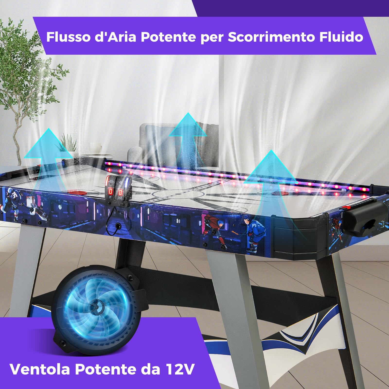 COSTWAY Air Hockey da Tavolo con 2 Spintori e Dischi, Piedini Regolabili, Tavolo da Hockey Alimentato con 12V Motore e Tabellone Segnapunti LED, Tavolo Hockey da Interno 137 x 65 x 86 cm