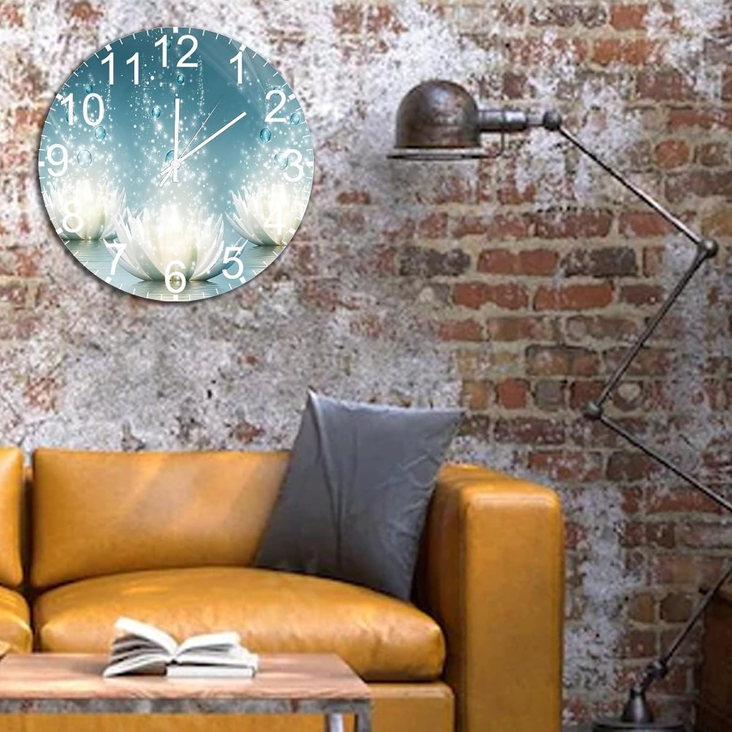 10 in Hanging Clock Water Lilies Flower Wooden Wall Clock Yoga Magic Wall Art Shabby Chic Silent & Non-Ticking Battery Operated Novelty Popular Wall Decor for Mantel Study Room Hotel Porch image 3