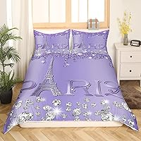 Vista 19 de Erosebridal Juego de ropa de cama de París con purpurina, funda de edredón de torre Eiffel para niñas, funda de edredón suave de diamantes