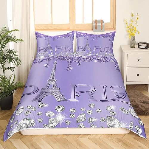 Miniatura 19 de Erosebridal Juego de ropa de cama de París con purpurina, funda de edredón de torre Eiffel para niñas, funda de edredón suave de diamantes