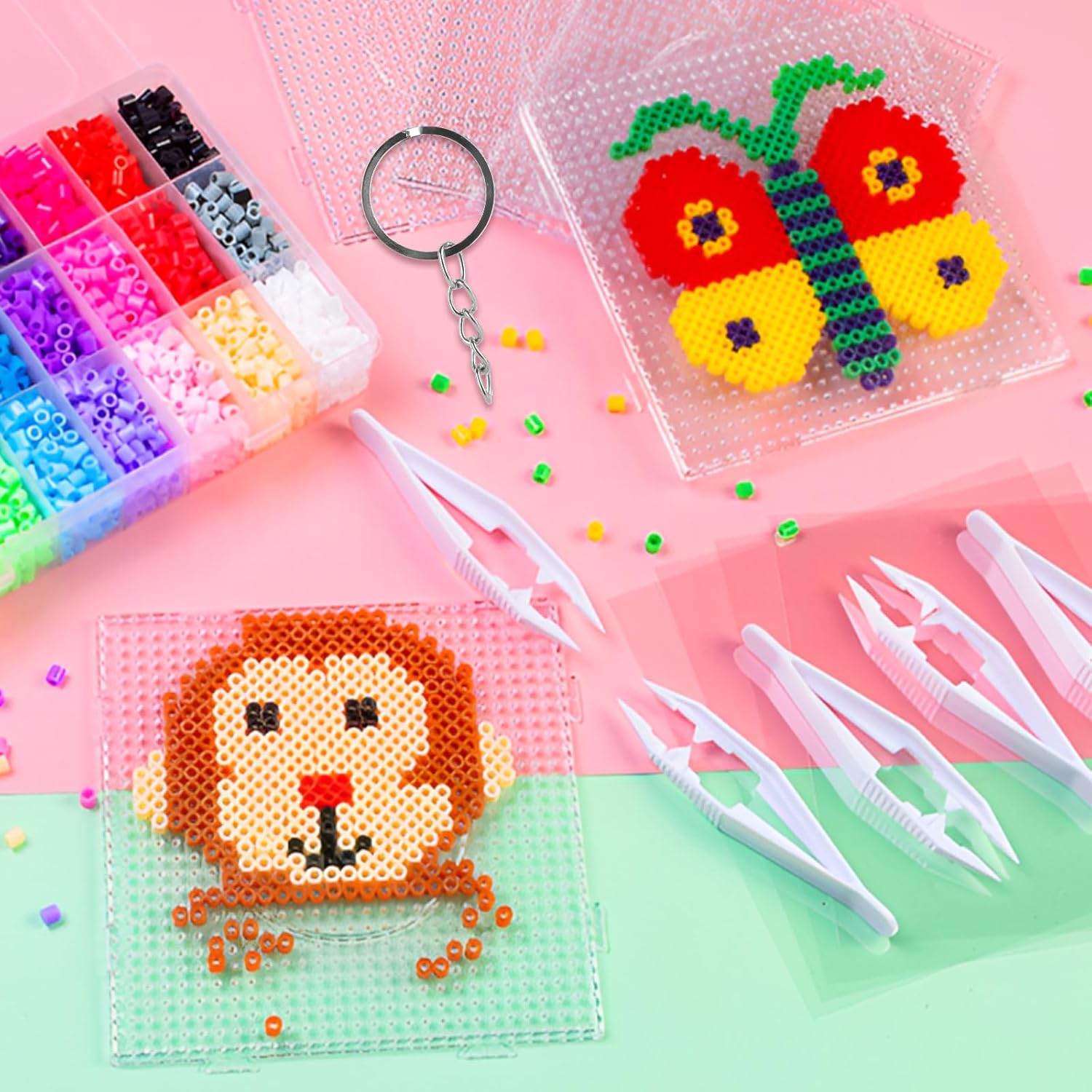 20 Piece 4 Shape Fuse Beads Pegboards Boards, 5 mm Fuse Bead Boards Large Clear Pegboards with 10 Ironing Paper and 4 Beads Tweezers, 10 Key Ring for DIY Arts and Crafts Supplies Beads