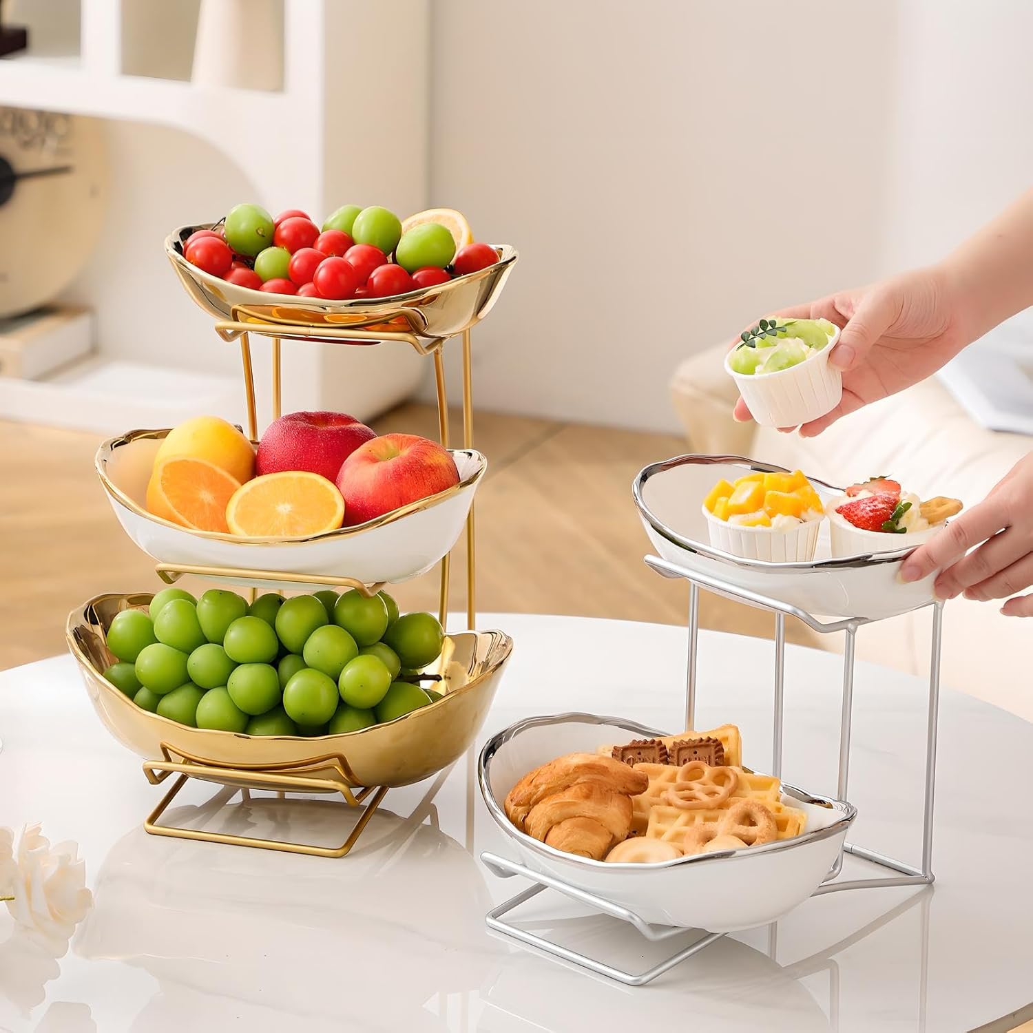 Gold Silver Fruit Bowl with Metal Stand, 3 Tier Ceramic White Fruit Bowl Fruit Rack for Kitchen Counter, Tiered Fruit Basket for Snacks Bread Candy Storage (Gold (Smooth Surface))