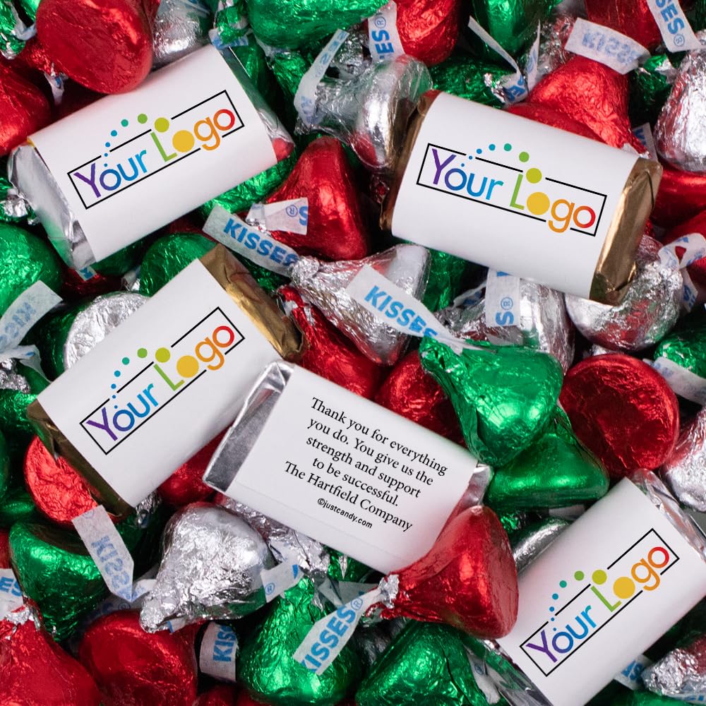 Personalized Candy Promotional Products Add Your Logo or Photo Party Favors, 41 Custom Chocolate Miniatures and Approx. 90 Bulk Christmas Kisses (