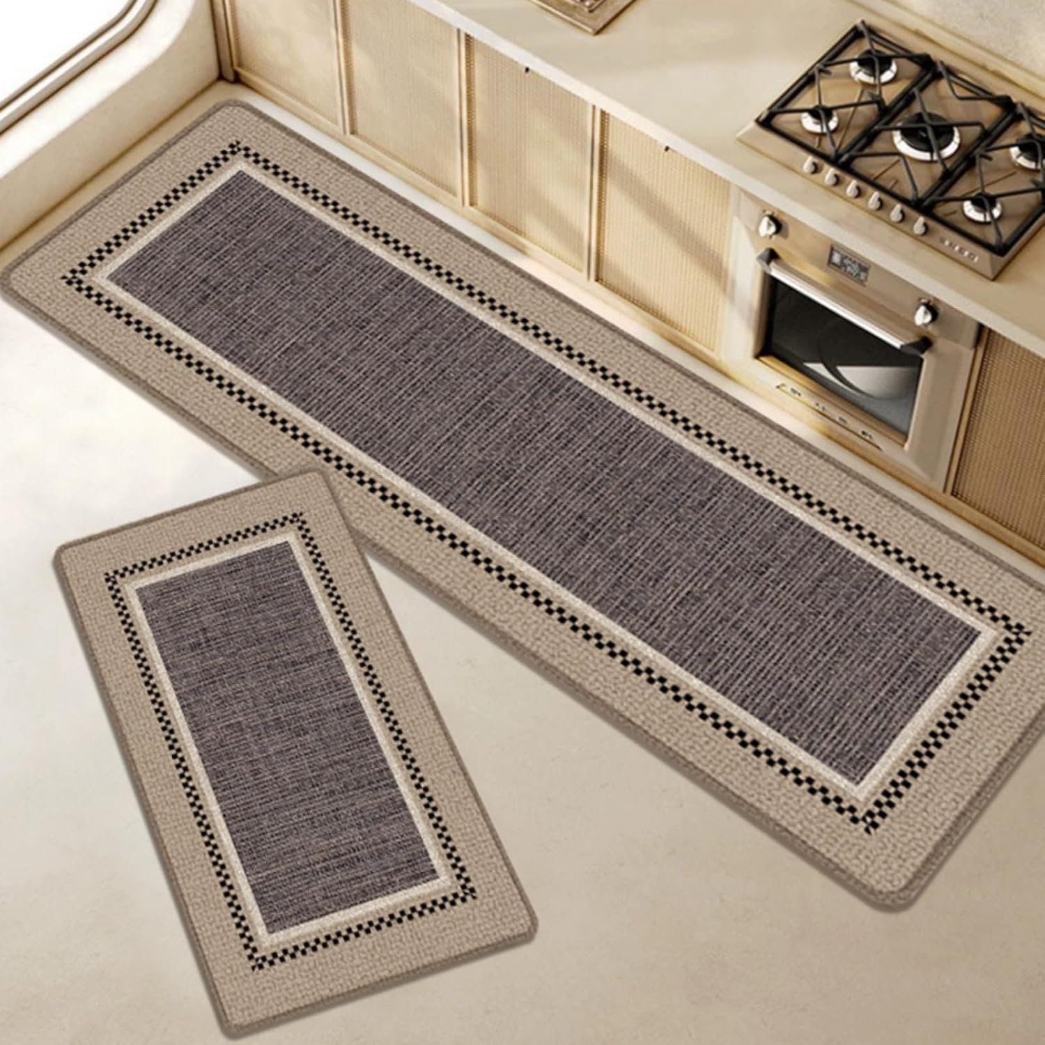 2-Piece Kitchen Floor Rugs - Non Slip Machine Washable Mats 20”x31.5” & 20”x59 Soft Absorbent Polyester, Light Blue Purple & Beige - Checkered Border Design for Sink Counter Laundry Hallway