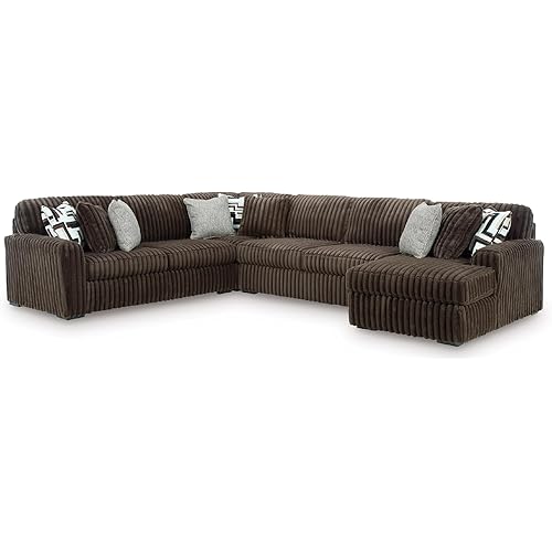 Signature Design by Ashley Midnight-Madness Casual U-Shaped Anti Sag 4-Piece Sectional with Chaise, Reversible Seat Cushions and 9 Accent Pillows, Dark Brown