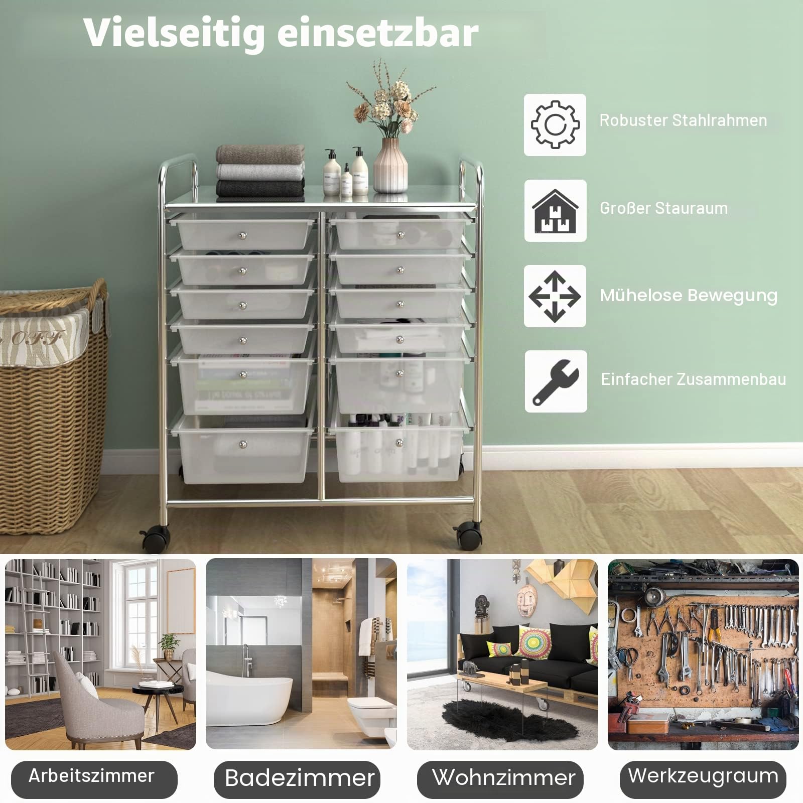 GIANTEX Rollwagen mit 12 Schubladen stapelbar, Schubladenwagen Badrollwagen Küchenwagen mit feststellbaren Rollen, Aufbewahrungswagen Haushaltswagen für Küche Bad Büro 64x38x75 cm (Transparent)