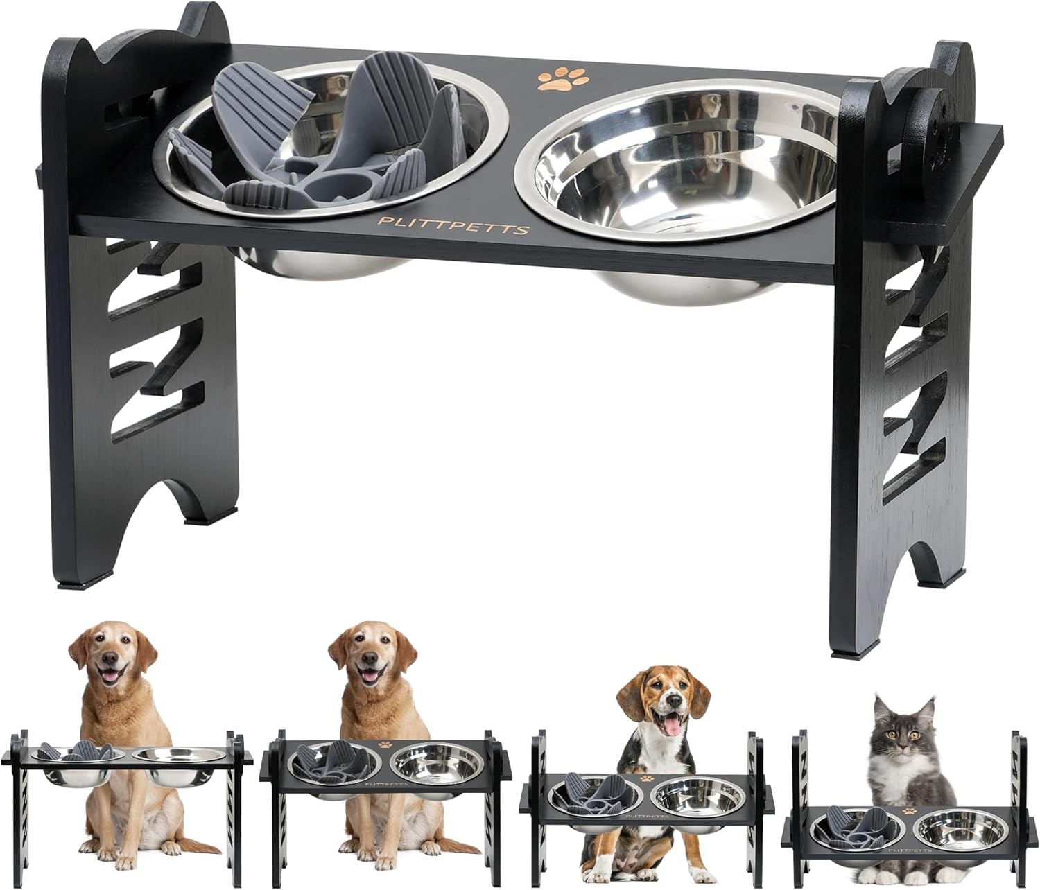 Elevated Dog Bowls, 9 Heights Adjustable Raised Dog Bowl Stand for Small & Medium Pet with 2 Stainless Steel Dishes and 1 Slow Feeder Bowl, Sturdy Bamboo Pet Food Dishes with Non-Slip Feet