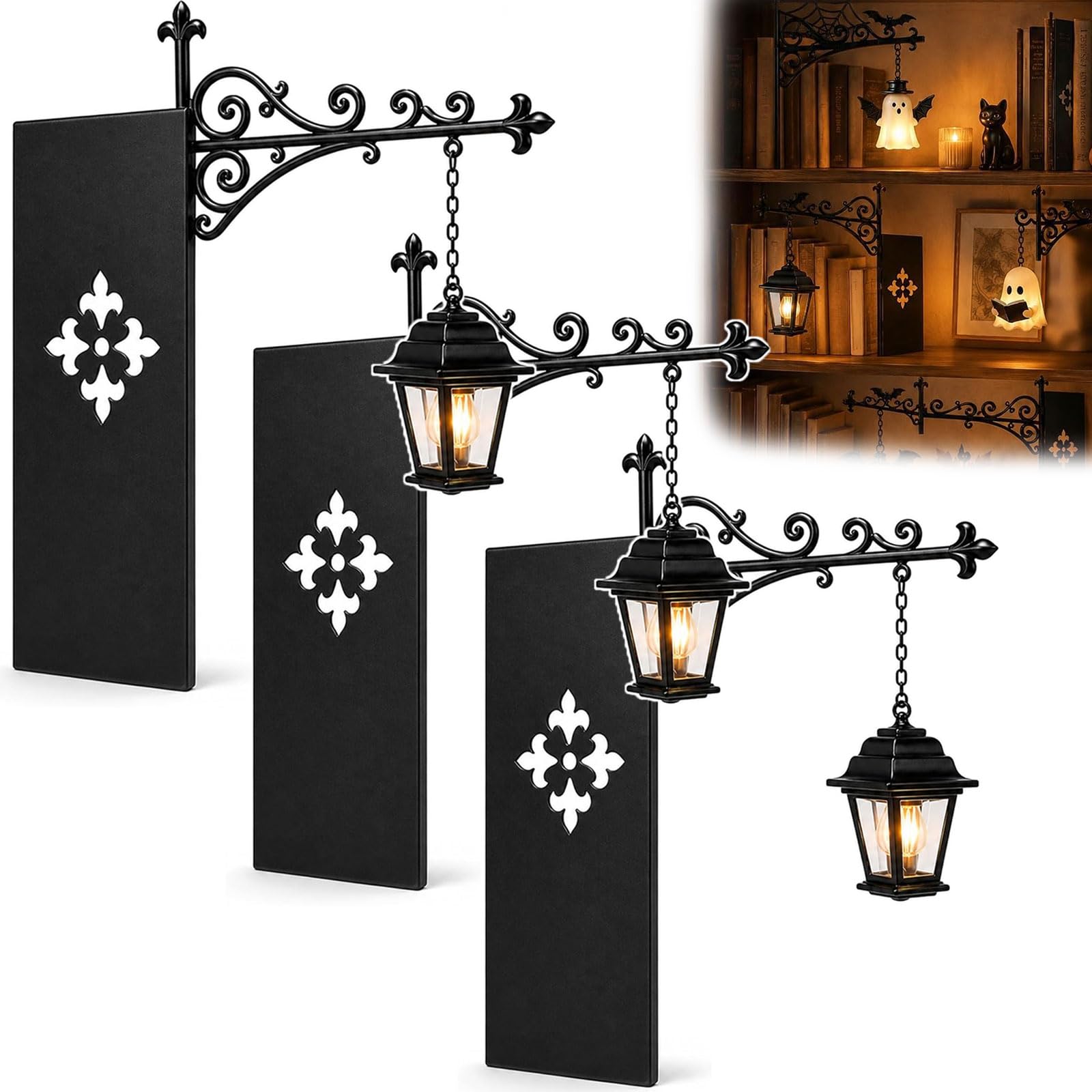 Library Lantern Mini Bookshelf Lamp-Cute Black Hat Ghost Book Light (Lantern-A,2)