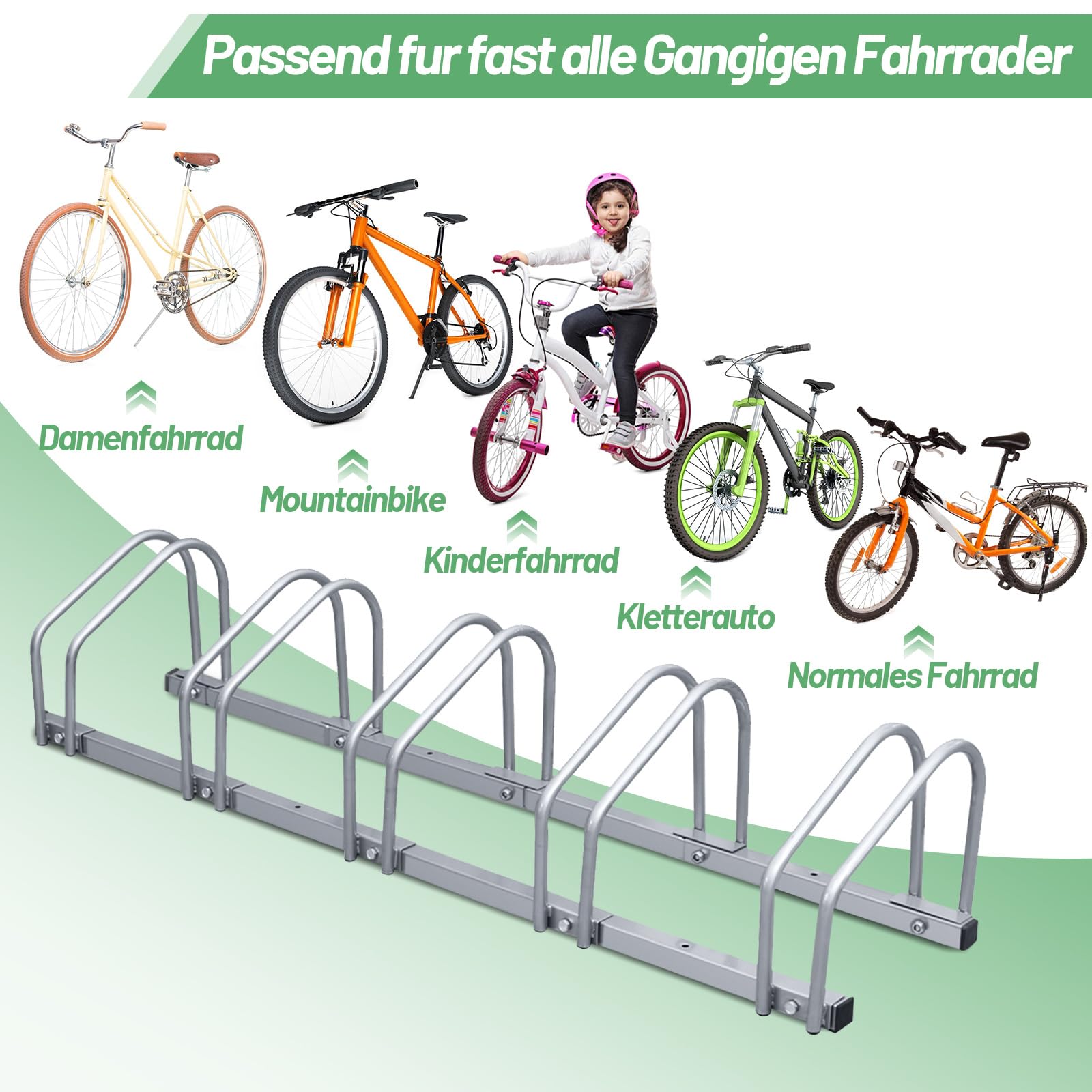 Soporte de suelo para 4 bicicletas, soporte para ruedas de acero galvanizado, ancho de neumático de 35 a 55 mm, distancia de aparcamiento de 30 cm, soporte para bicicletas para garaje, sótano, patio