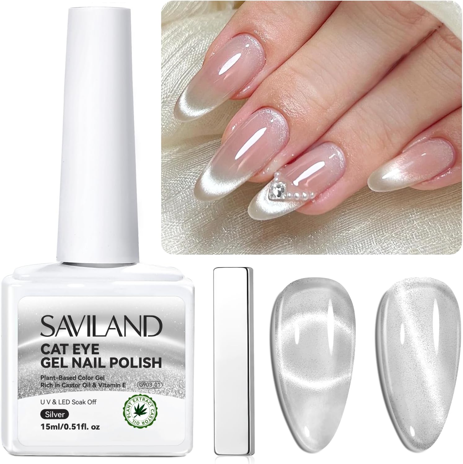 Saviland 15ML Cat Eye Gel Polish with Magnet: Magnetic Gel Nail Polish with Castor Oil Vitamin E Reflective Shining Soak Off UV LED Gel Polish for Home DIY Salon (Silver)