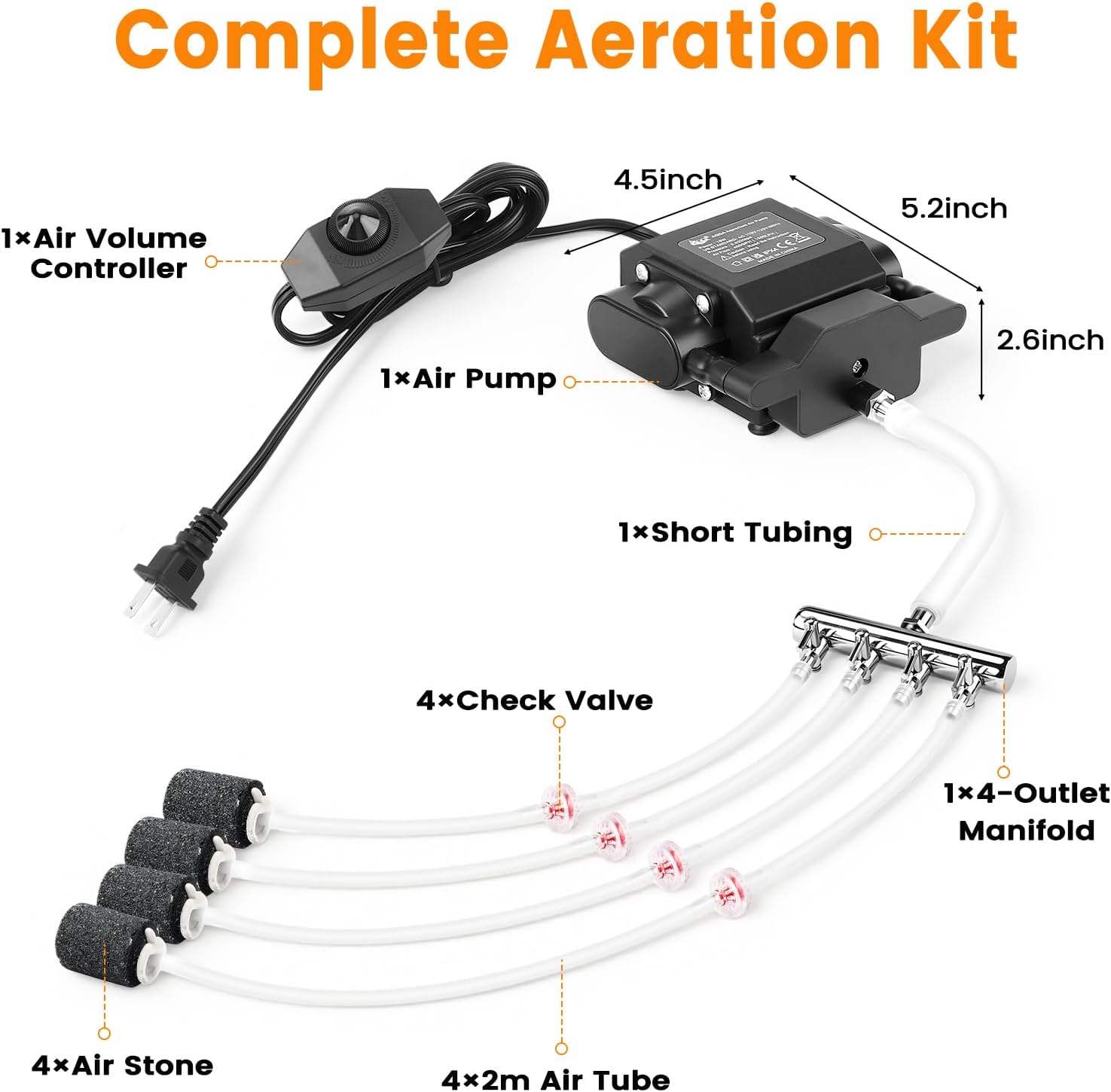 AQQA Powerful Aquarium Air Pump, 4 Air Outlets, Adjustable Oxygen Aerator with Complete Accessories for Large Fish Tanks, Ponds & Seafood Markets (12W/18W)