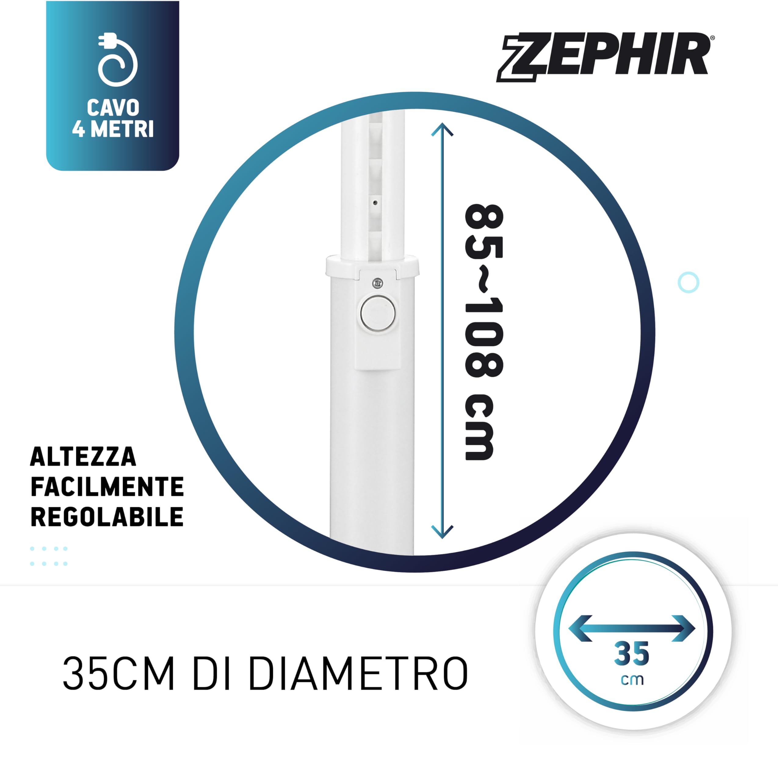 Zephir, Ventilatore Circolare a Piantana 35cm, Motore DC Ultra Silenzioso, 3 Modalità di Ventilazione,10 Velocità, Altezza 850-1080 mm, Telecomando, Timer, Potenza 30W, Cavo 4m