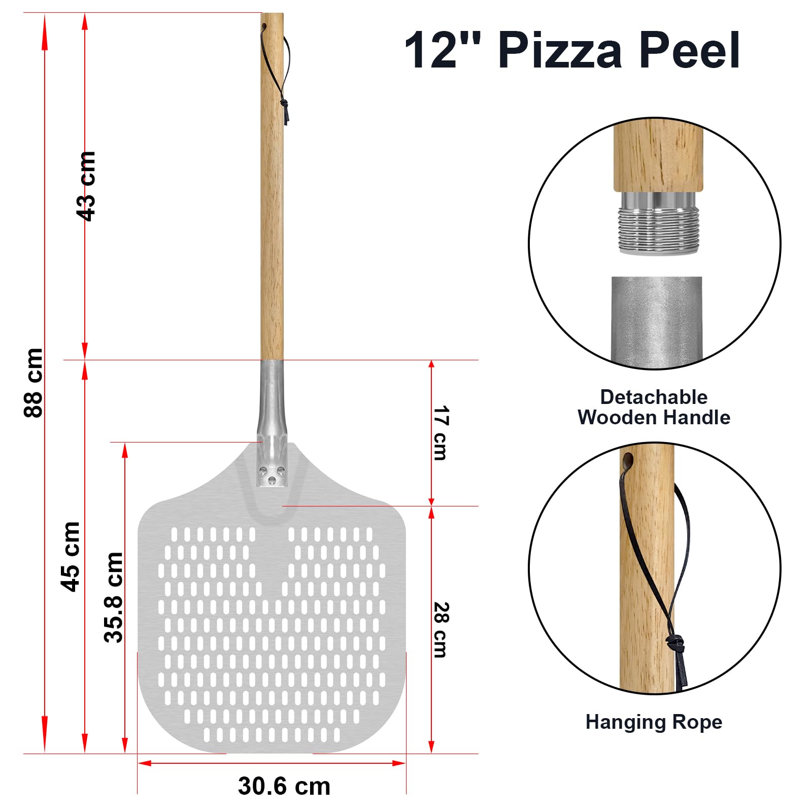 Łopata do pizzy, aluminiowa łopata do pizzy 30 cm / 12 cali, duża powierzchnia i długi zdejmowany uchwyt