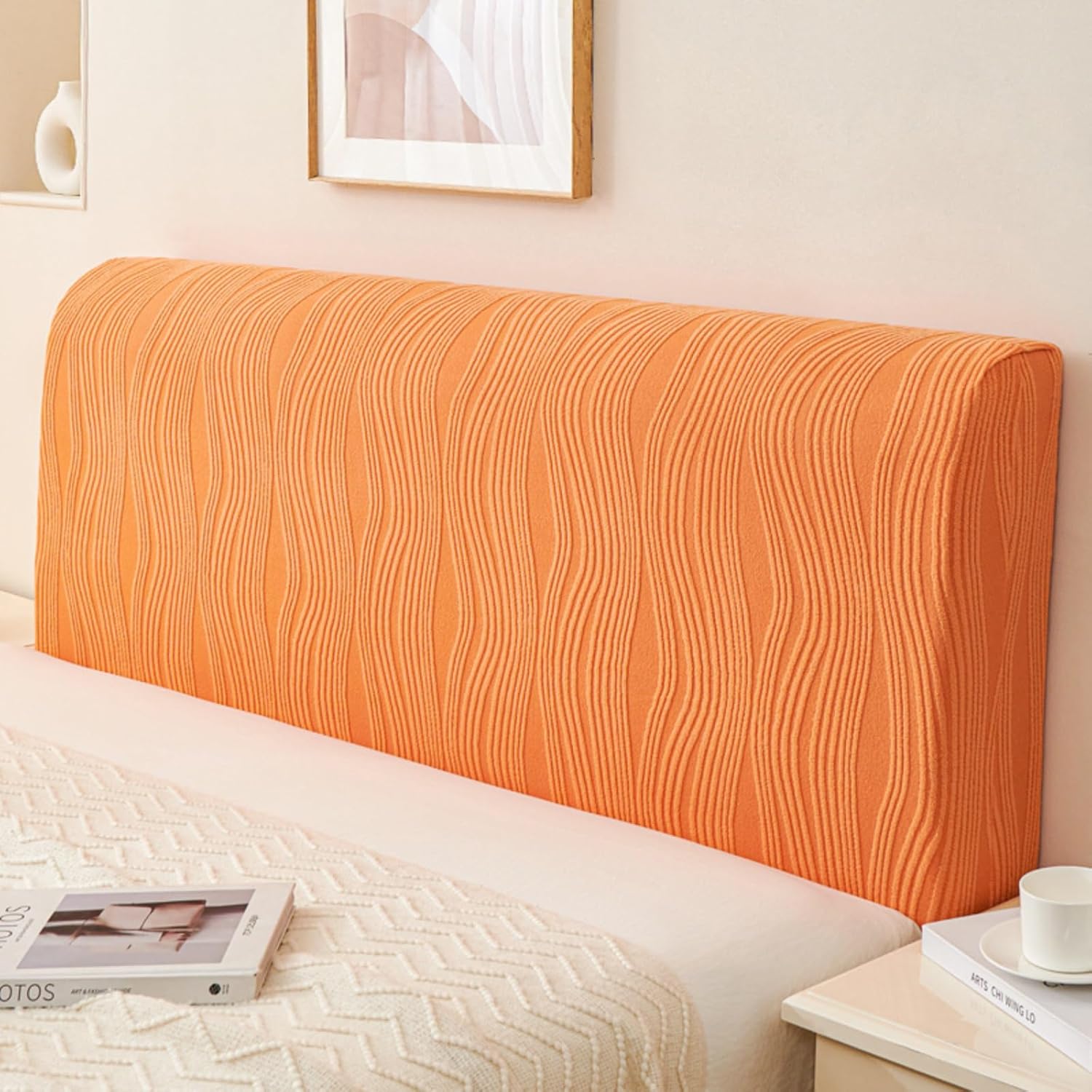 CAMZ Stretch Headboard Covers for Queen King Size Bed Headboard Slipcover, Jacquard Bed Head Cover Anti Slip Headboard Dustproof Protector Cover (Milky White,King Headboard Length(75"-82"))