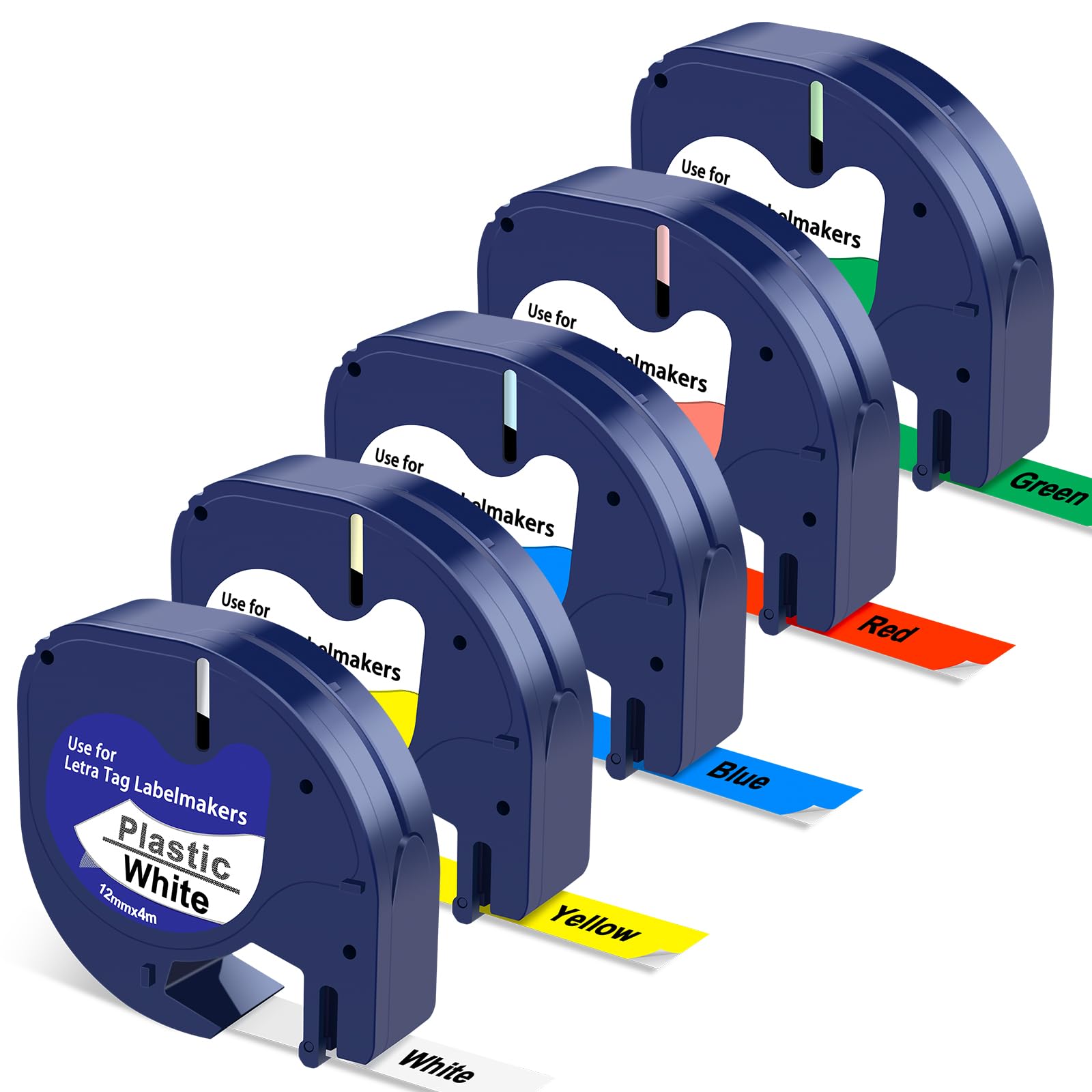 Replacement for Dymo Letratag Refills Tape Plastic 12mm x 4m, for Dymo Label Tape LT-100H LT-100T 200B XR XM, Black on White/Yellow/Red/Green/Blue, 5Pack Muticolour Plastic Tape