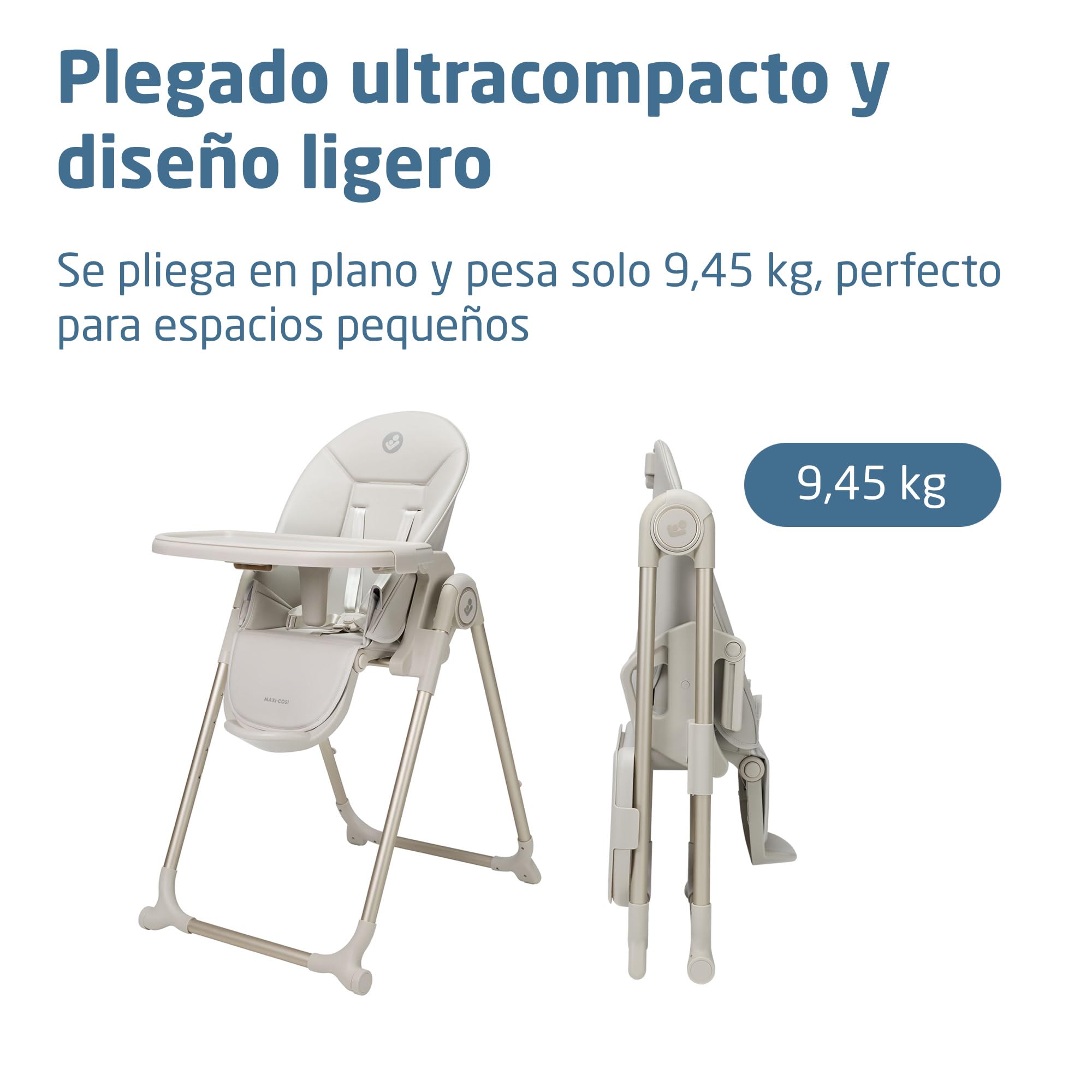 Maxi-Cosi Ava2 Trona de bebé, 0-3 años (máx. 15 kg), Trona bebé plegable y compacta, Ligera (9,45 kg), 5 ajustes de reclinado/6 de altura, Bandeja extraíble con una mano, 2 ruedas, Elegance Beige