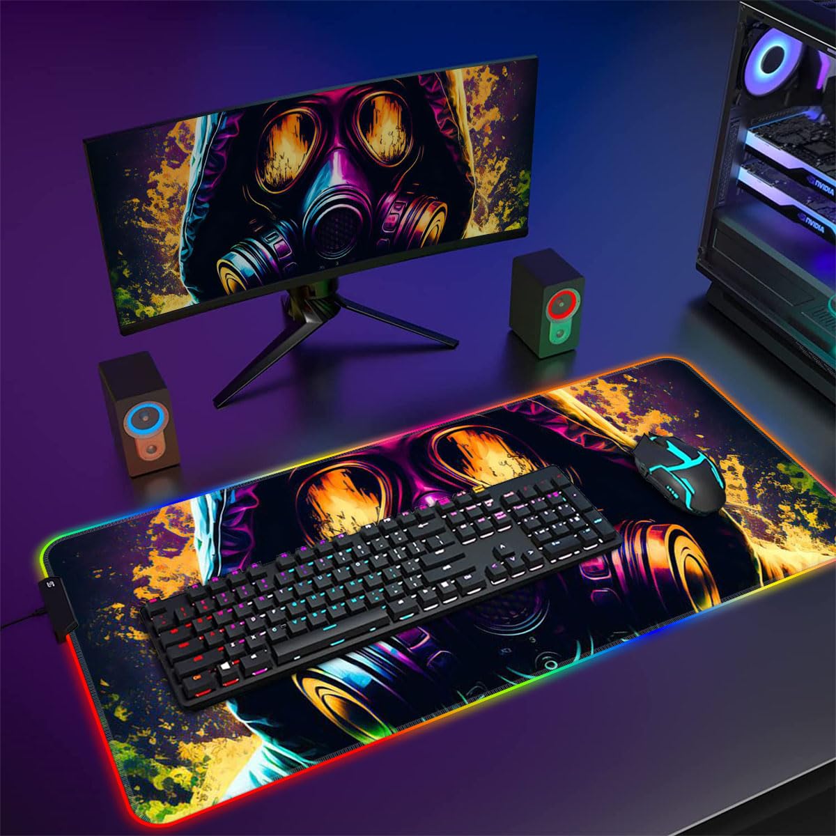 Tappetino per mouse XXL Gaming RGB, LED Anime, tappetino per mouse, 14 modalità di luce, tappetino per mouse esteso e superficie impermeabile, tappetino per il gioco, mascherato, 15,7 x 35,4