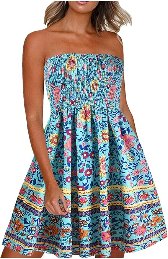 VEUNCOS Damen Sommerkleid Boho Style Mit Taschen - Ärmellos A-Linie Wadenlang