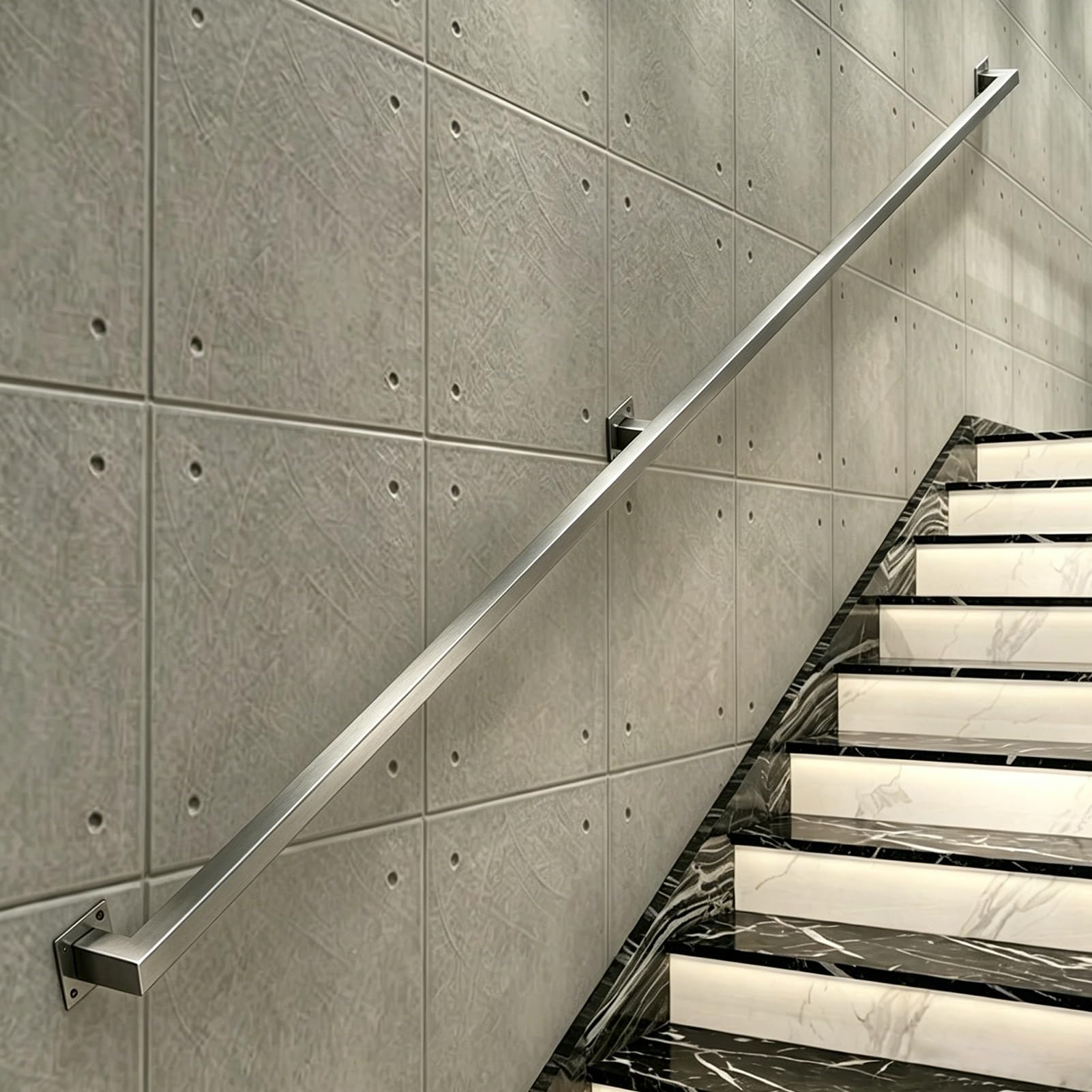 Silver Stairs Banister Handrail, Industrial Sturdy Wall-Mounted Railing Safety Grab Bar - Complete Kit, Indoor Outdoor Hand Rails for Loft Porch Garage Deck, Stainless Steel(16ft/4.8m)