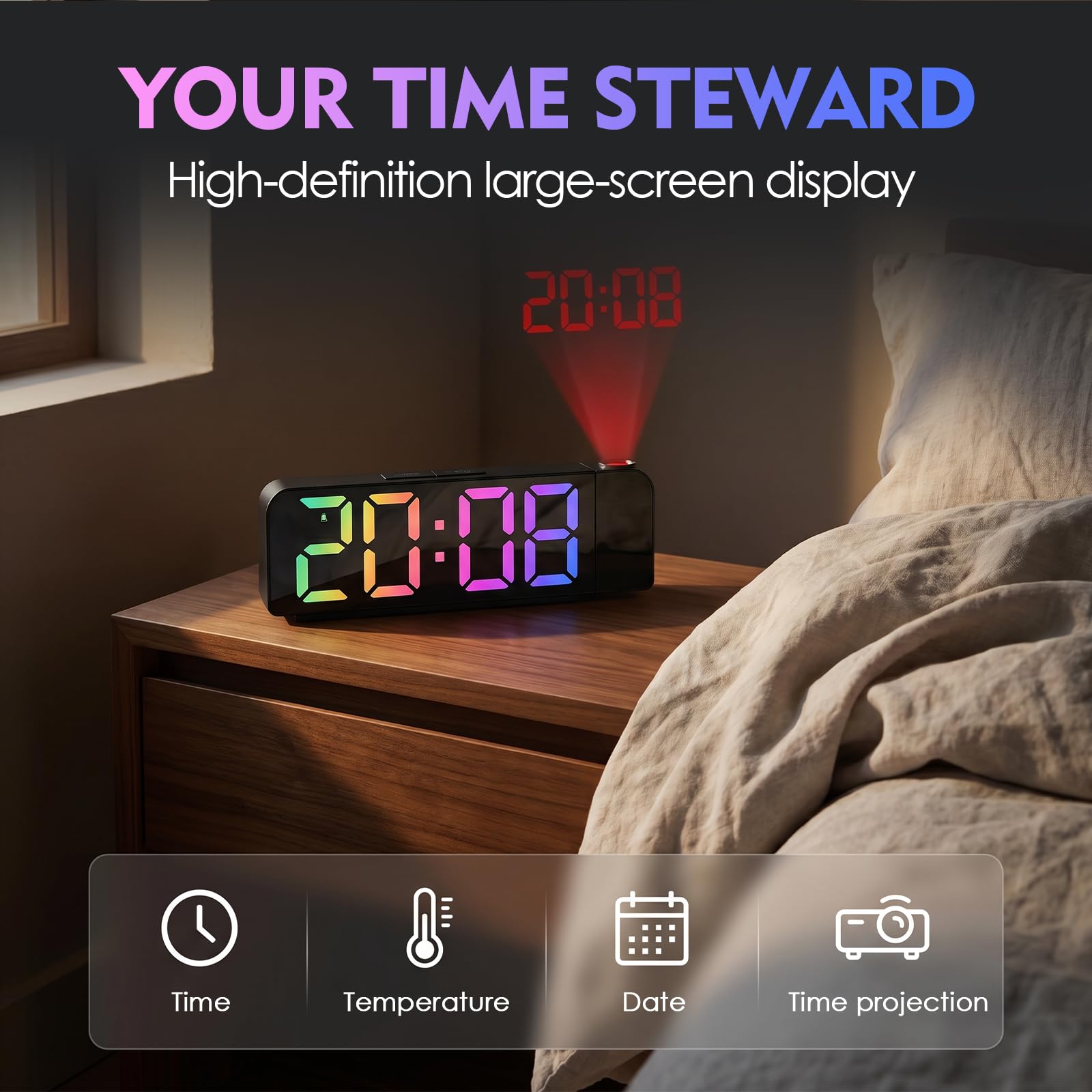 Reloj Despertador Digital con Proyector 180° RGB, 7" Pantalla LED, Temperatura y Fecha, USB Carga, Brillo Ajustable 12/24H