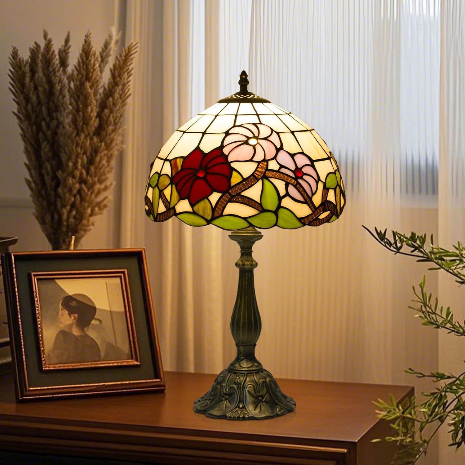 Crefotu 12 Inch Tiffany Table Lamps with Remote Control, Stained Glass Lamp with Stepless Dimmable Colors Temperature & Brightness for Living Room Bedroom Office, 9W Bulb Included (Three Flowers)