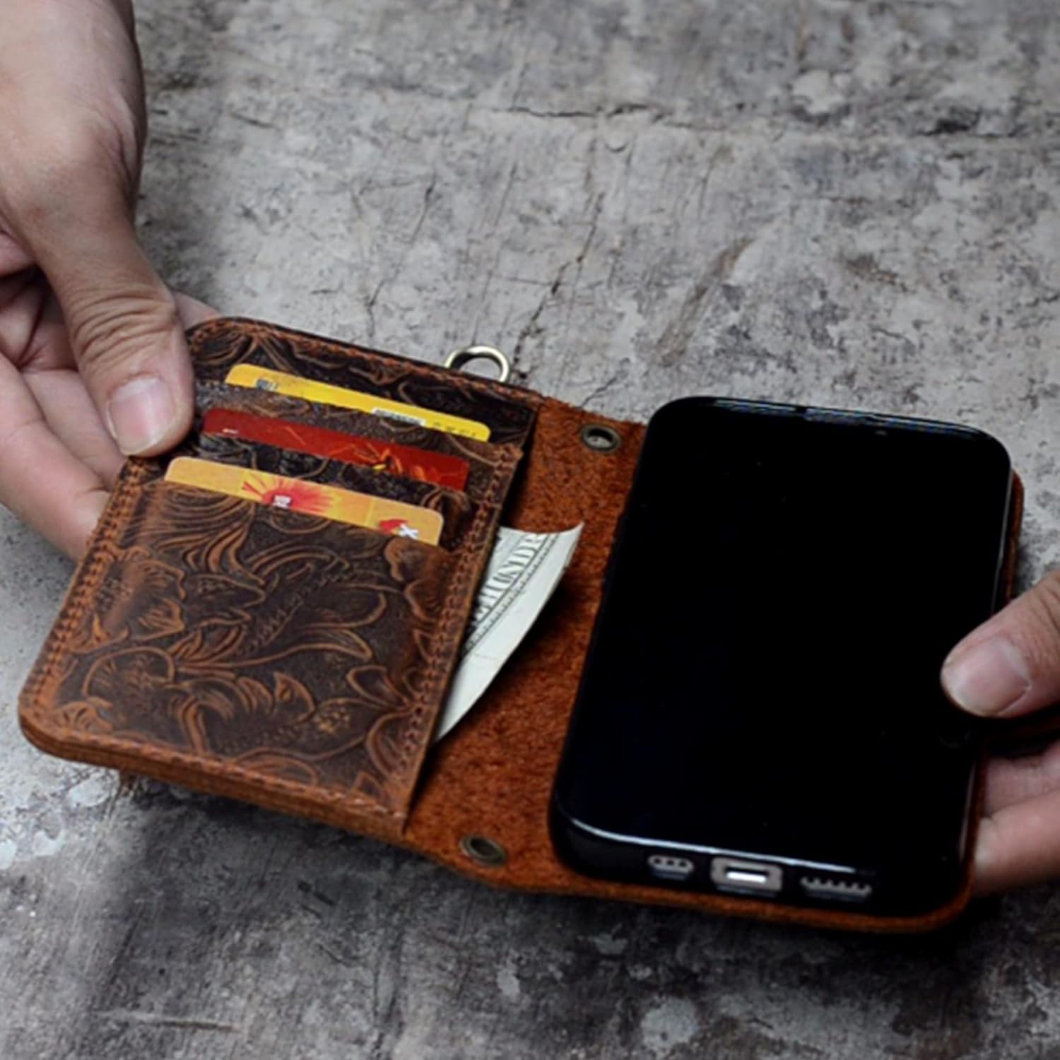JJNUSA Compatible with iPhone 13 Pro Max Handmade Genuine Distressed Leather Wallet Case Flip Cover with Wristlet Brown