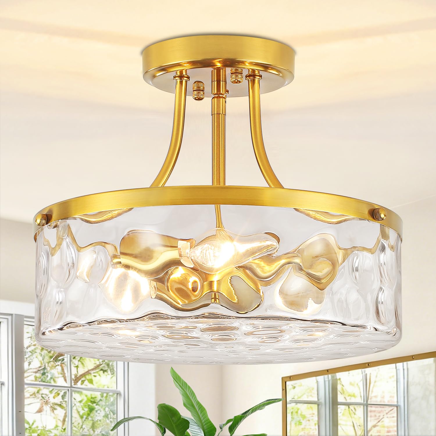 Photo 1 of LZLDCJ Brushed Gold Hammered Glass Semi Flush Mount Ceiling Light
