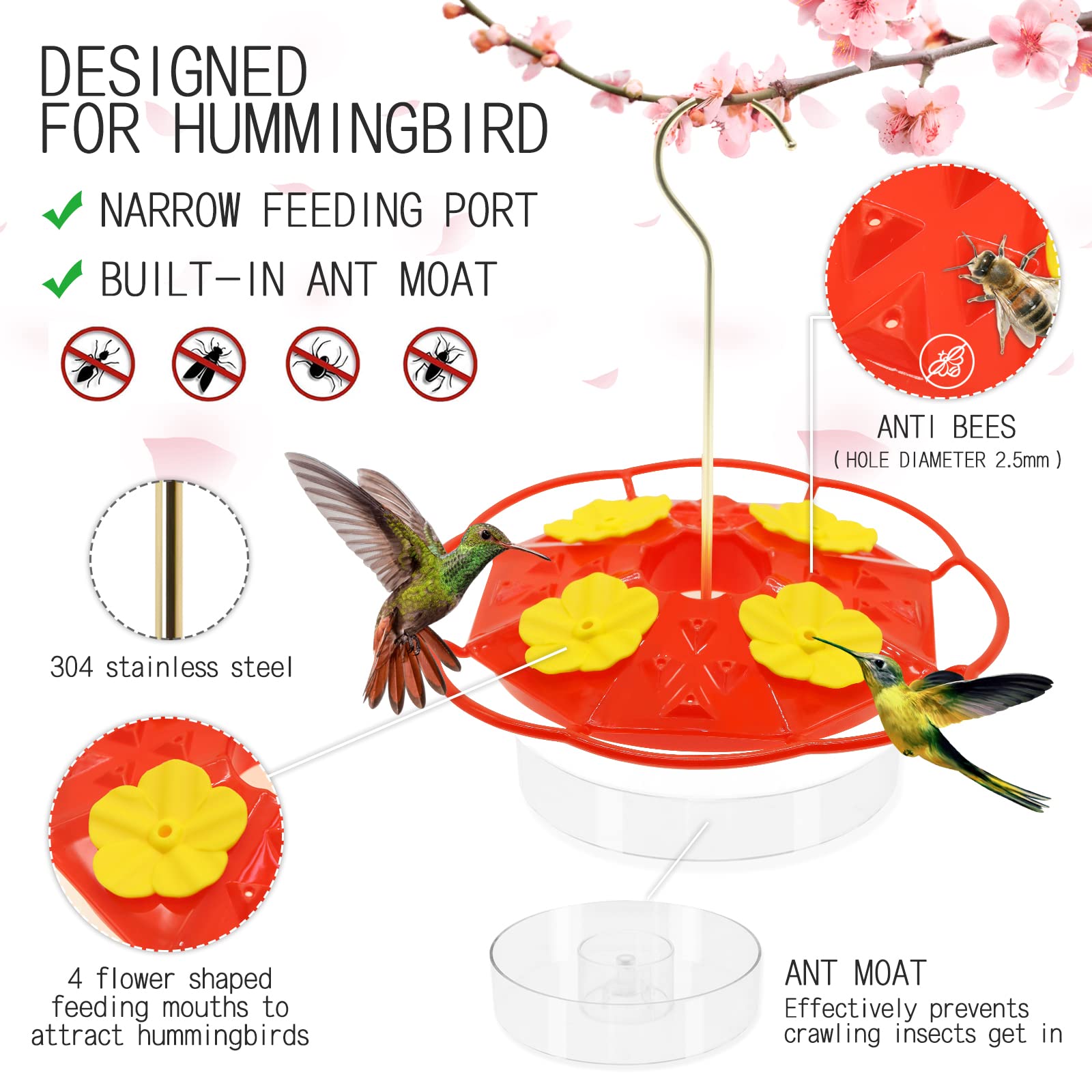 2 Stück Kolibri-Futterspender, 383 Ml – Rot, Mit 5 Futteröffnungen, Ameisen- & Bienensicher, Mit Reinigungsbürste