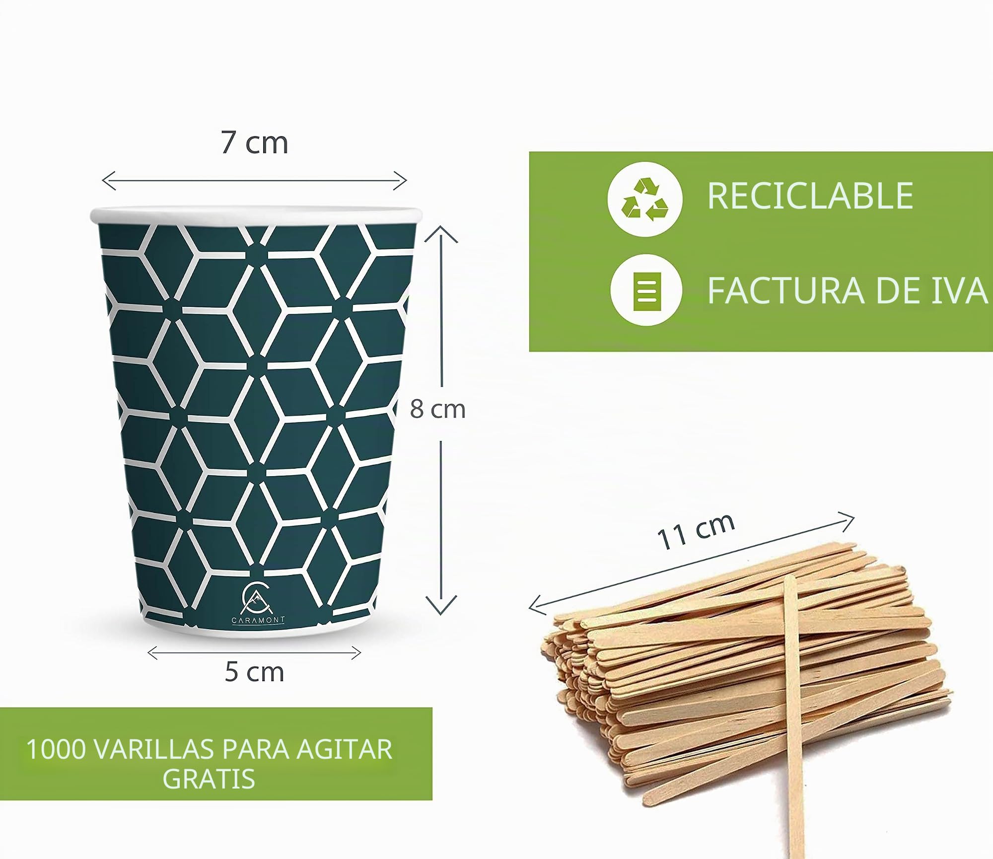 Caramont,7 Oz 1000 Vasos, Agitadores de Madera,Ecológico y Desechable,Resistente al Calor, para Bebida Fría y Caliente, Ideal para Café,Té,Cumpleaños, etc
