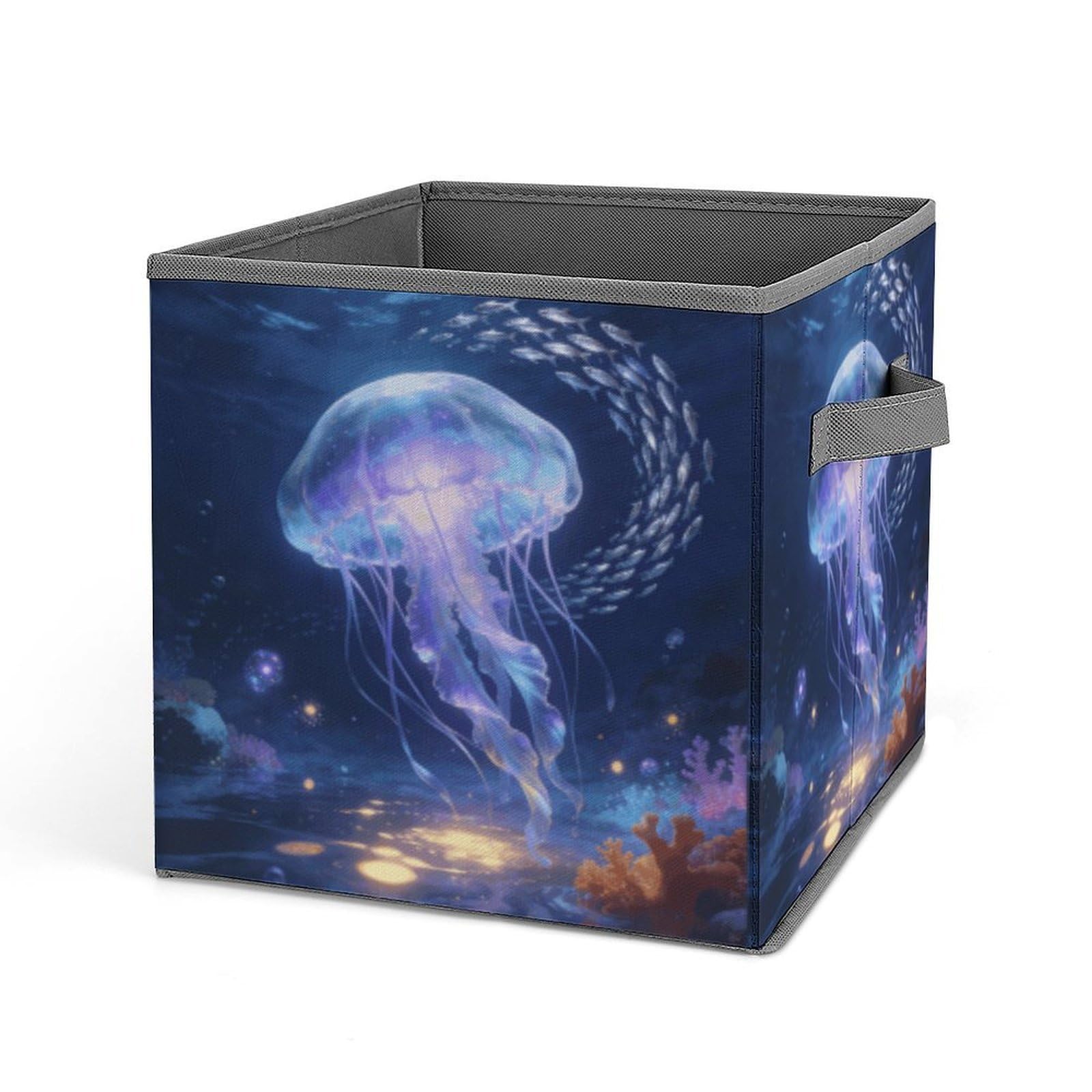 Ocean Storage Baskets Collapsible, Exquisite Pattern Cube Box, Canvas Fabric Storage Bins with Handles, Clothe Organizer Box for Home Decorative Office Bedroom
