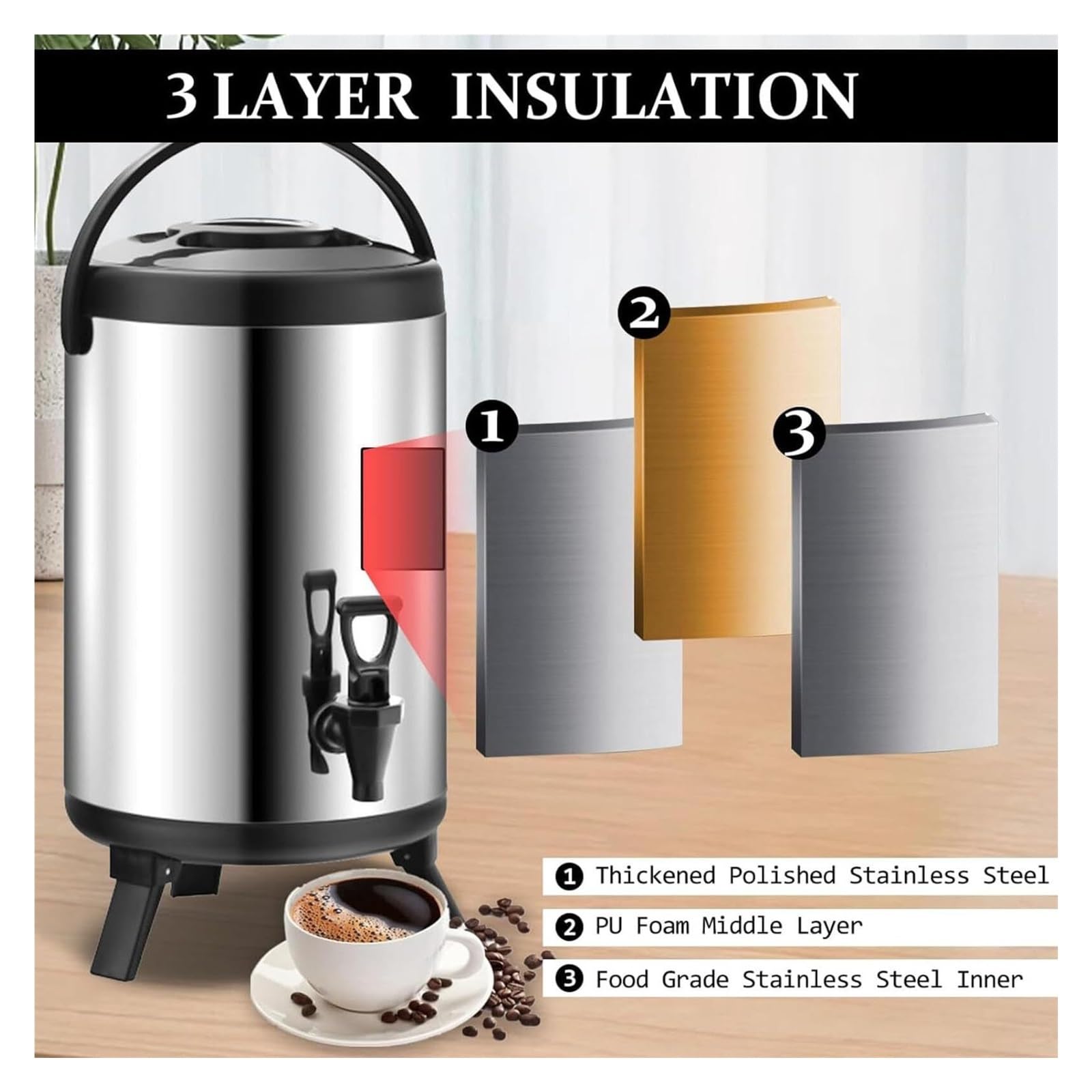Distributore di bevande isolato con beccuccio, in acciaio inox, per bevande calde e fredde, 12 l, per caffè, tè, latte, feste