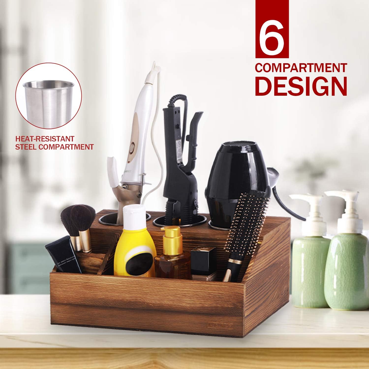 ROLOWAY Wooden Hair Tool Organizer - Blow Dryer Holder - Curling Iron Holder - Flat Iron Holder - Hair Styling Tools & Accessories Organizer - Bathroom Vanity Countertop Organizer (Torched Brown) : Home & Kitchen