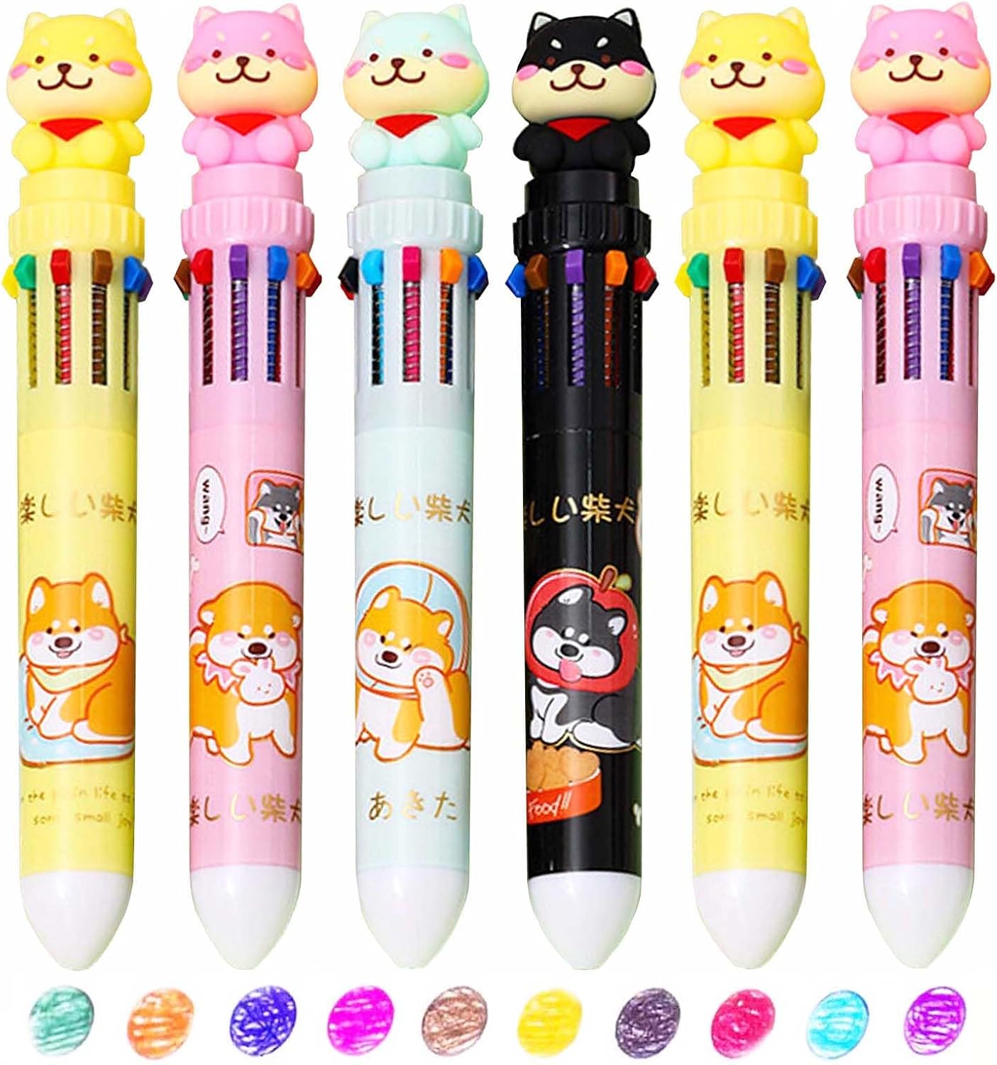 6 Pcs Cute Dog 10-in-1 Multicolor Ballpoint Pen 0.7 mm 10 Colored Pens
