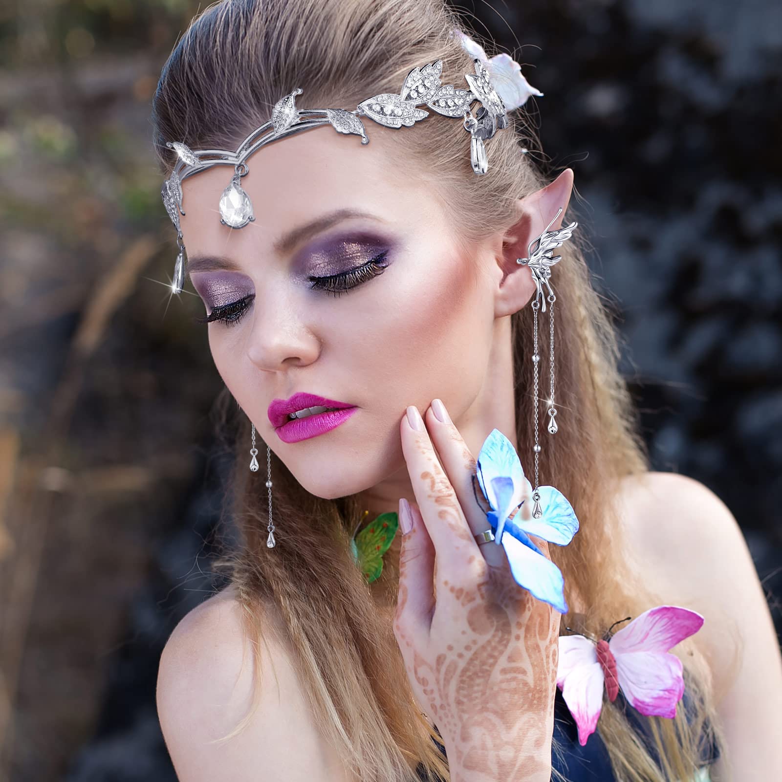 Fairy Costume Crown Headpiece Elf Ears Cuffs Rhinestone Tiara for Halloween Hicarer Fairy Costume Crown Headpiece Elf Ears Cuffs  main image 2
