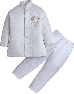AHHAAAA Boy's Cotton 2 Piece Indo-Western Set/Kids Ethnic Wear Jaquard Sherwani, Indian wear - Ideal for any Festivals and... Price In India