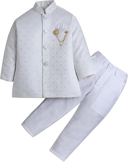 AHHAAAA Boy's Cotton 2 Piece Indo-Western Set/Kids Ethnic Wear Jaquard Sherwani, Indian wear - Ideal for any Festivals and...
