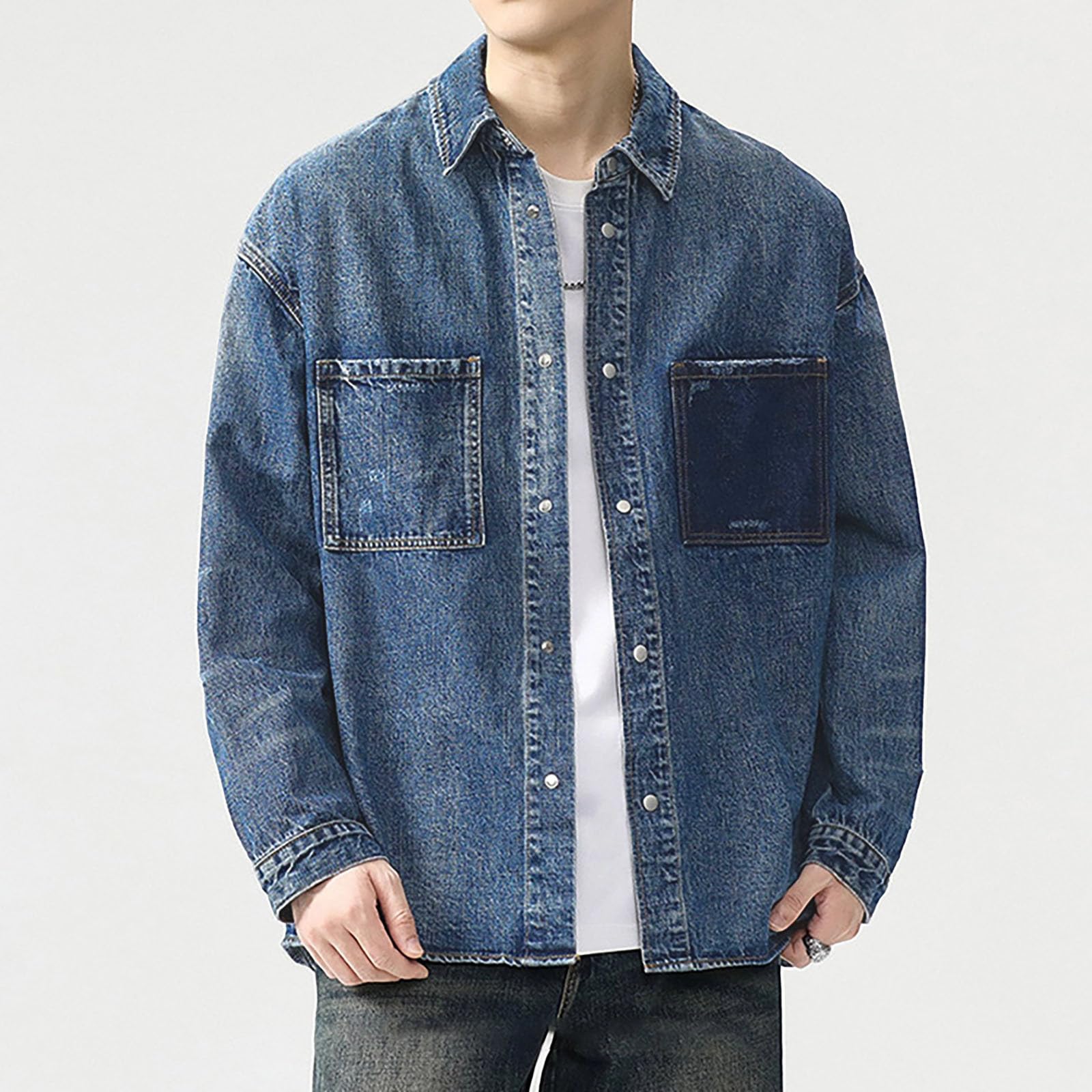 Camicia in jeans da uomo e da uomo, in jacquard, con bottoni, in denim, slim fit, da cowboy, vintage, con colletto rovesciato, per il tempo libero