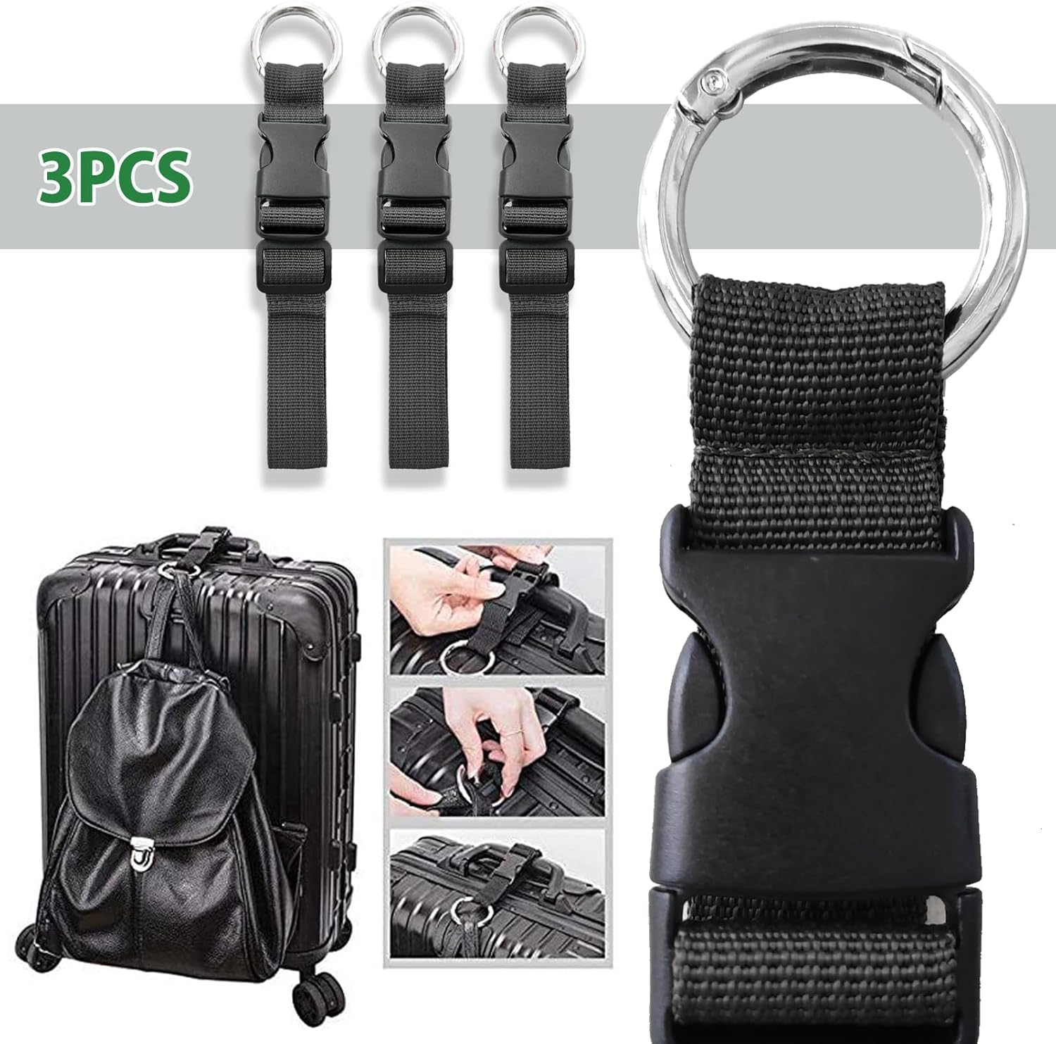 3 Pcs Add a Bag Luggage Straps, Jacket Holder, Make Your Hands Free, Adjustable Suitcase Belt Straps, Travel Accessories for Connecting Luggage or Backpack, Black