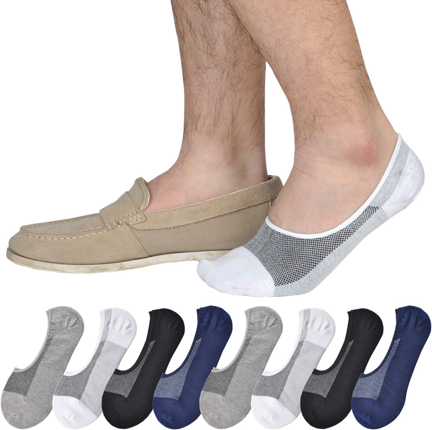 Genuine Mens No Show Socks, Loafer Sneakers Low Cut Cotton Socks With Non Slip Grips